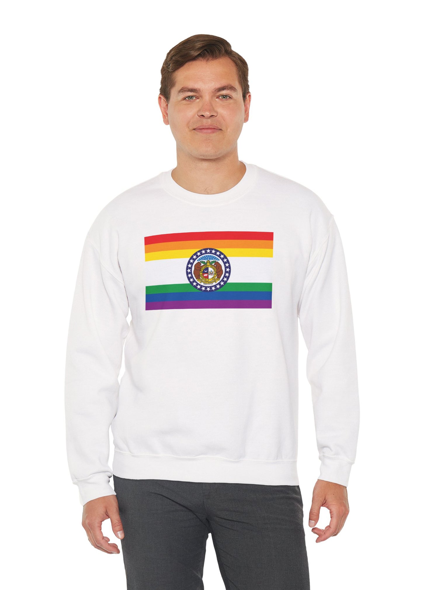 Missouri Rainbow Pride Flag Unisex Crewneck Sweatshirt—White, Black or Light Pink