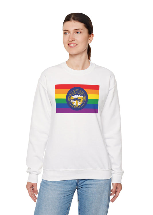 Nebraska Rainbow Pride Flag Unisex Crewneck Sweatshirt—White, Black or Light Pink