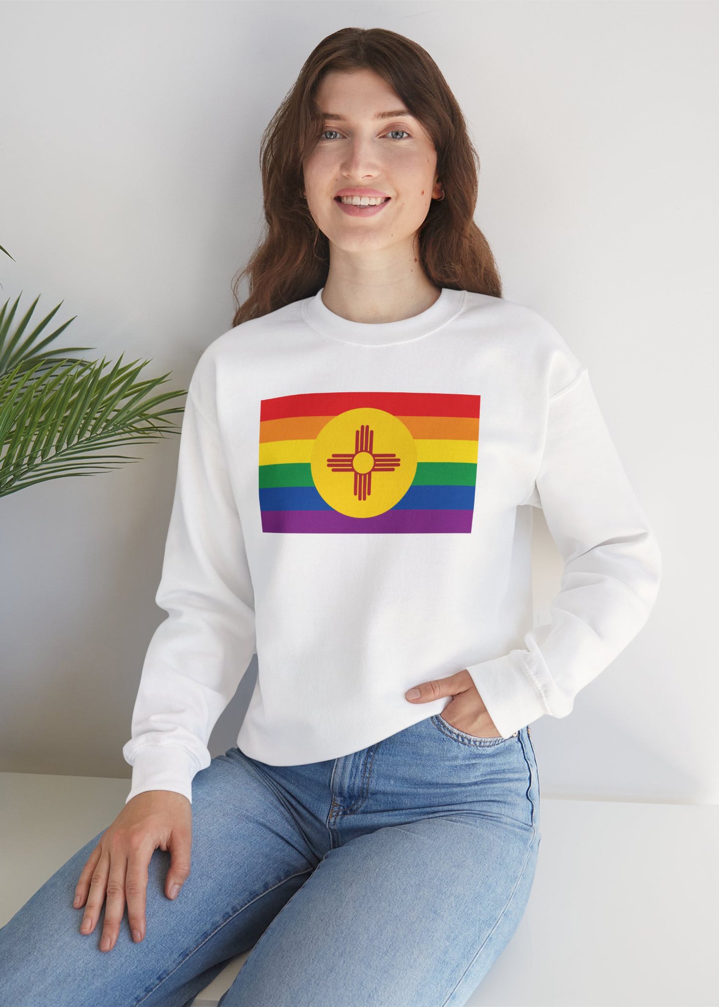 New Mexico Rainbow Pride Flag Unisex Crewneck Sweatshirt—White, Black or Light Pink
