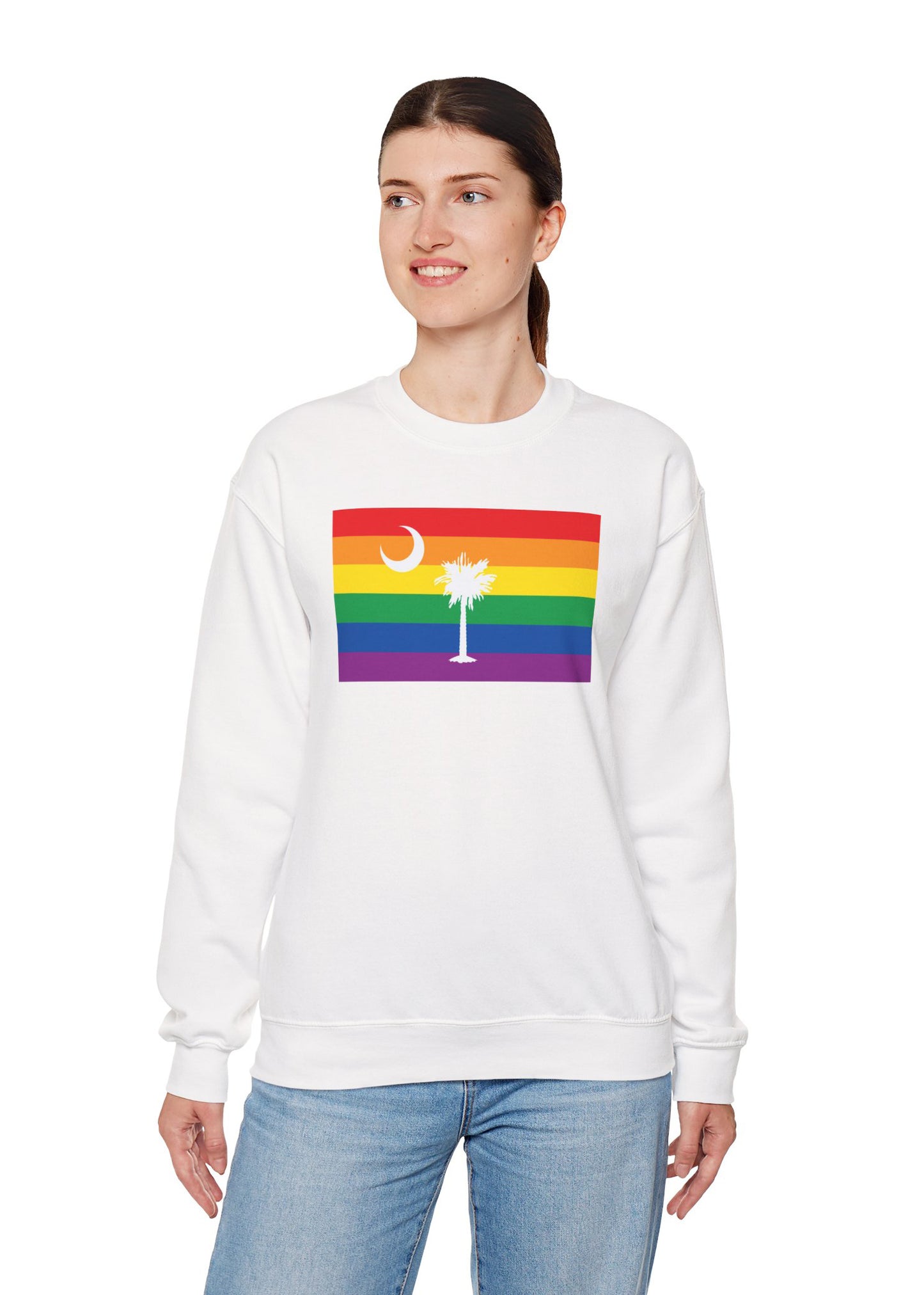South Carolina Rainbow Pride Flag Unisex Crewneck Sweatshirt—White, Black or Light Pink