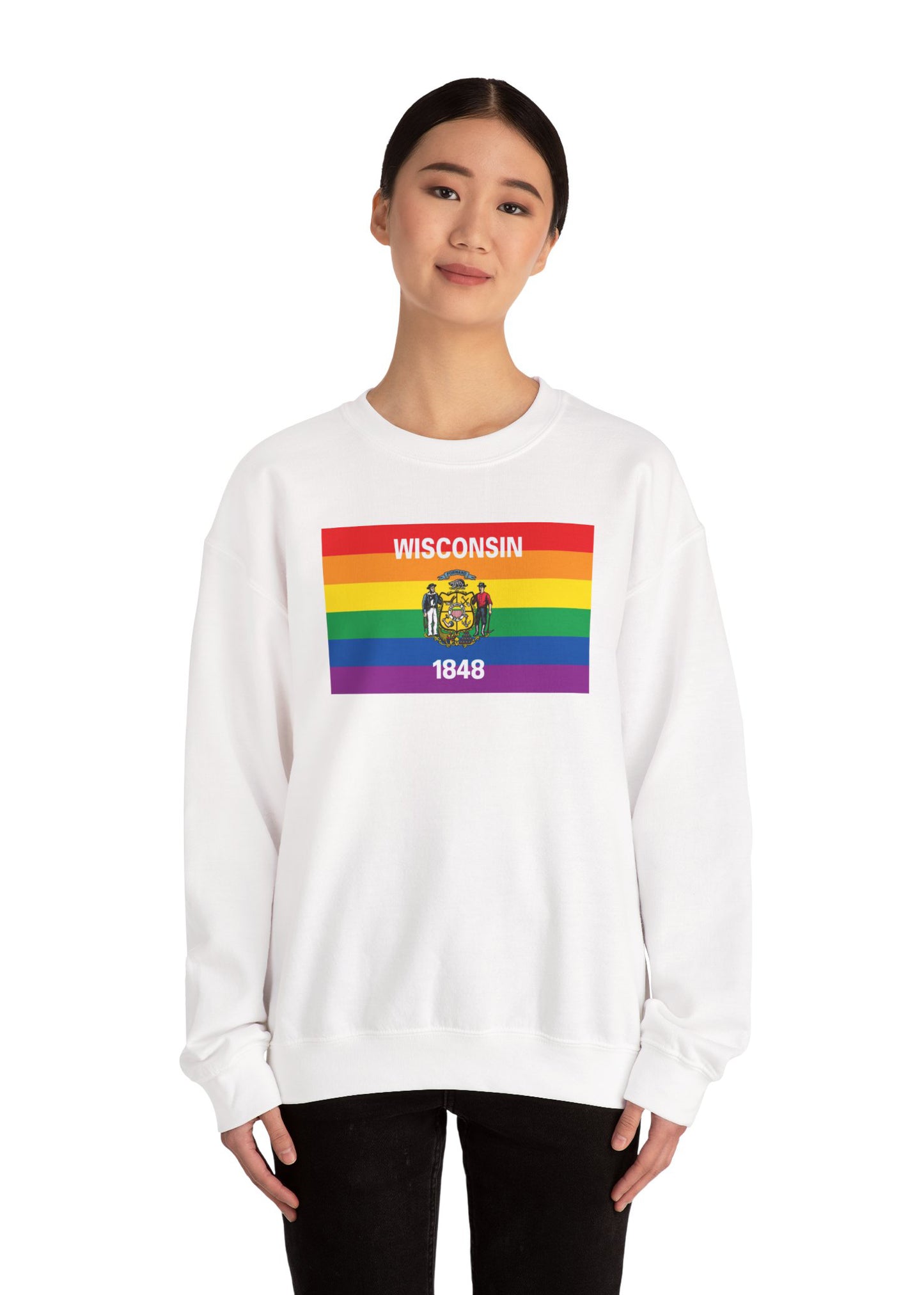 Wisconsin Rainbow Pride Flag Unisex Crewneck Sweatshirt—White, Black or Light Pink