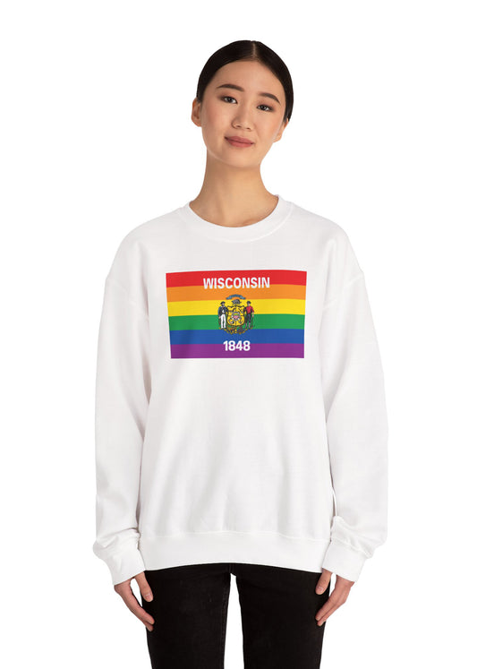 Wisconsin Rainbow Pride Flag Unisex Crewneck Sweatshirt—White, Black or Light Pink