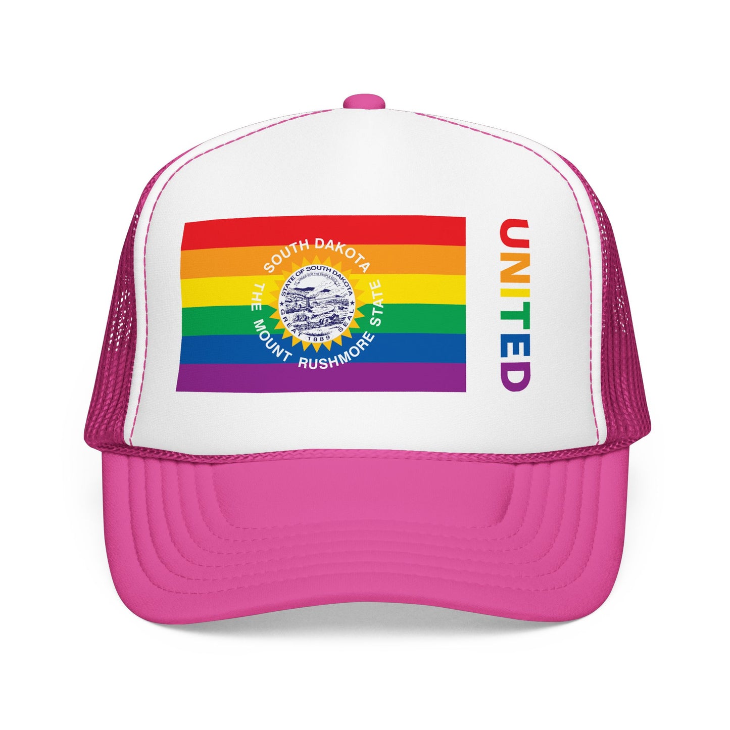 South Dakota Rainbow Pride Flag "UNITED" Printed Foam Trucker Hat, Several Color Options