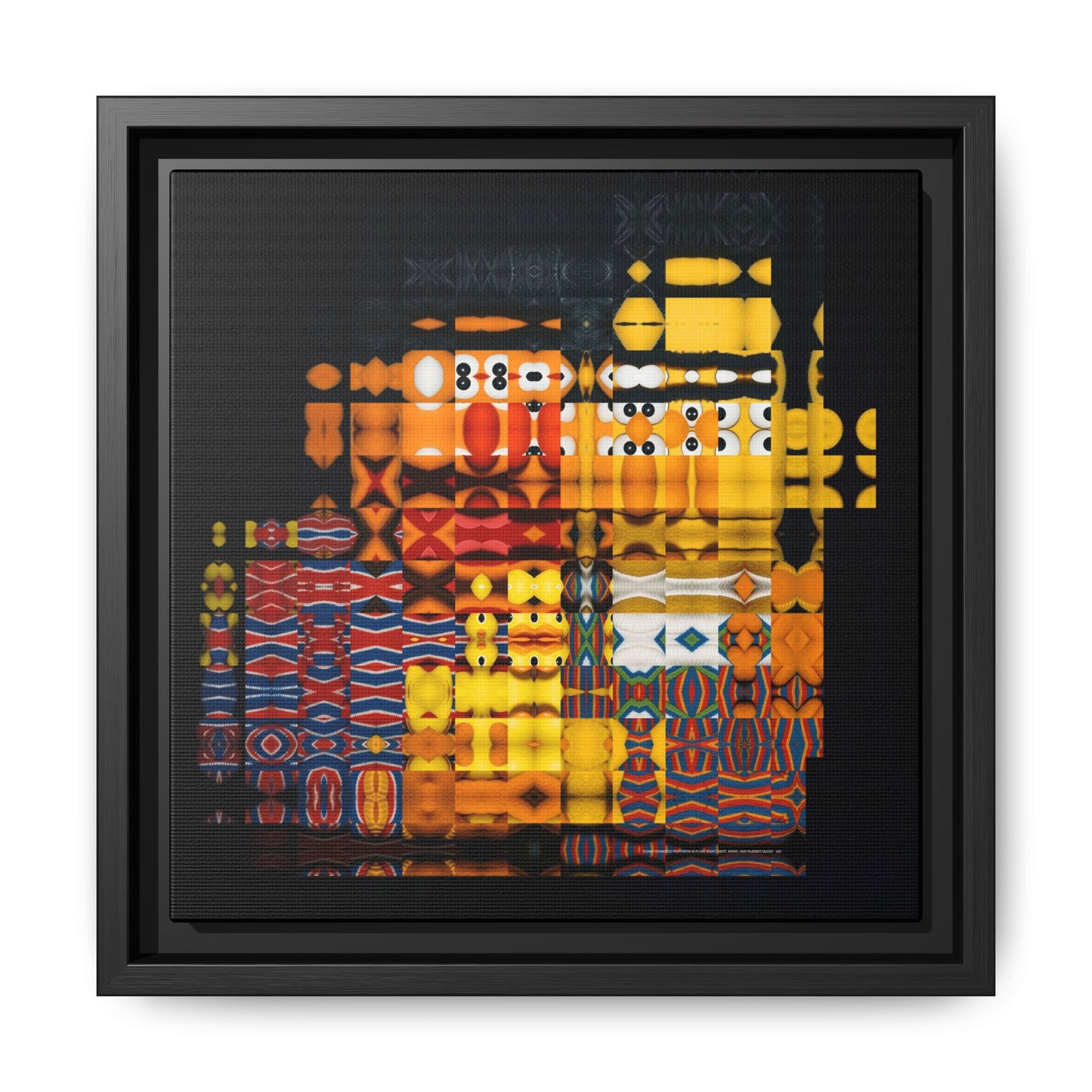 Iconic Domestic Partners in Plain Sight: Bert, Ernie, and Rubber Ducky Abstract Portrait Collage Art — Matte Canvas, Framed (Multi-color options)