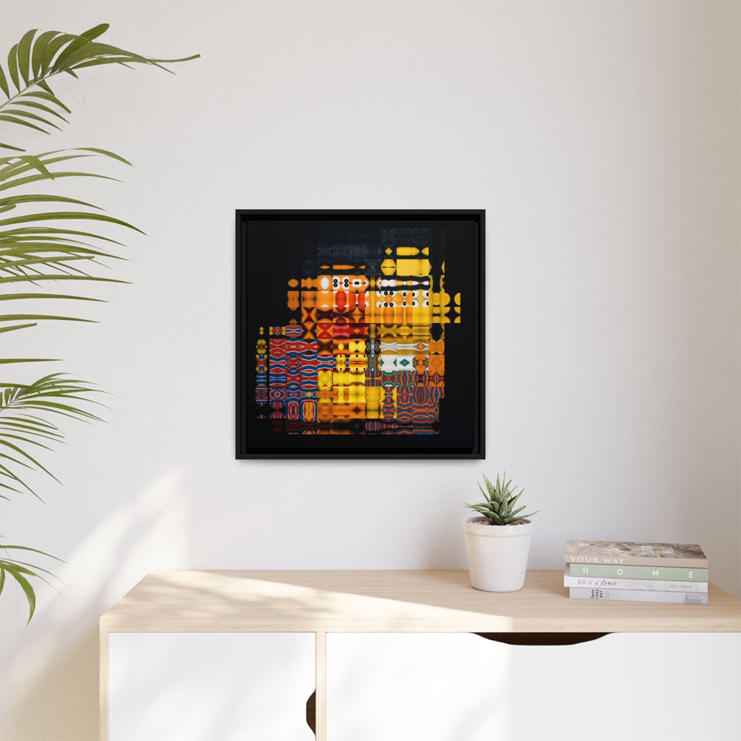 Iconic Domestic Partners in Plain Sight: Bert, Ernie, and Rubber Ducky Abstract Portrait Collage Art — Matte Canvas, Framed (Multi-color options)