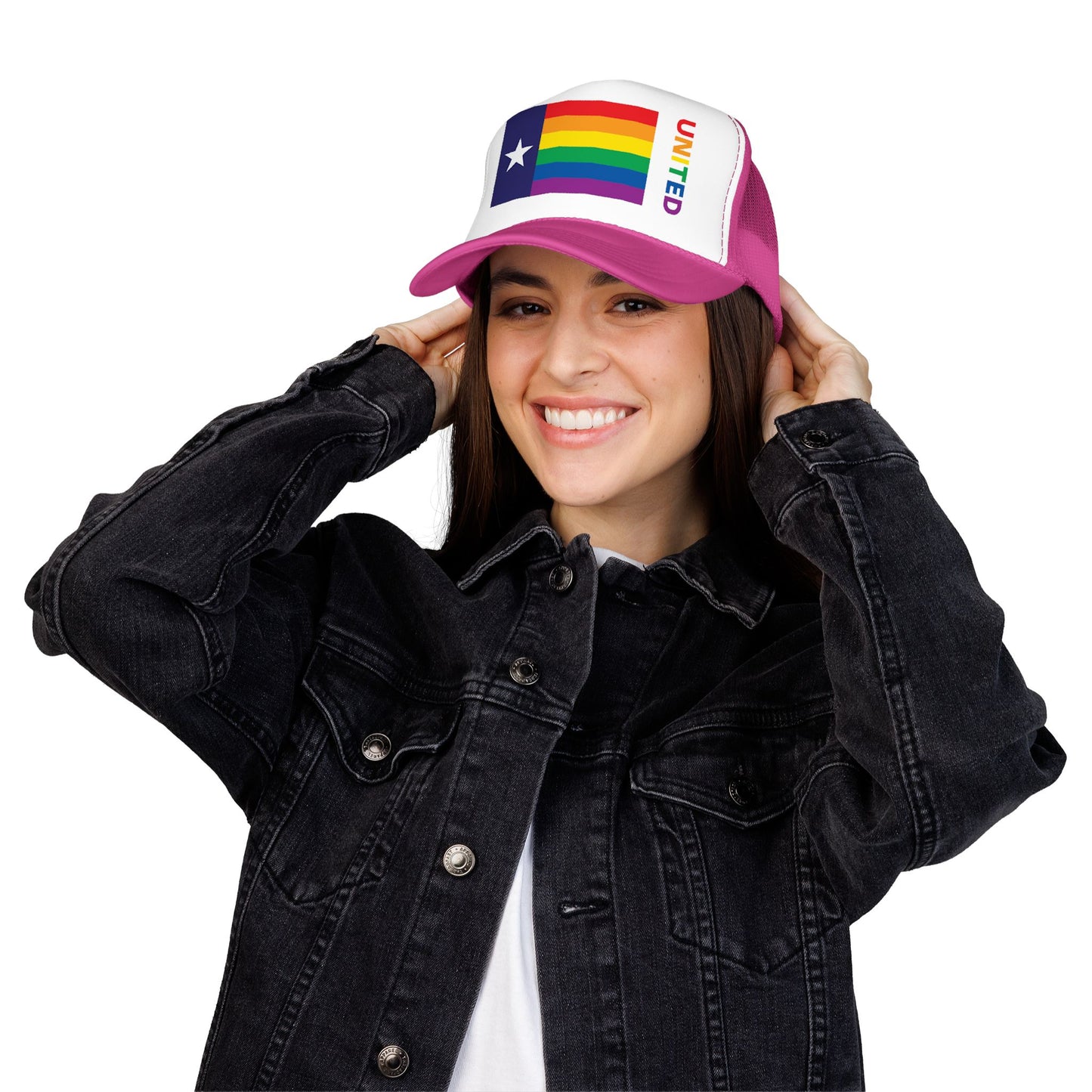 Texas Rainbow Pride Flag "UNITED" Printed Foam Trucker Hat, Several Color Options