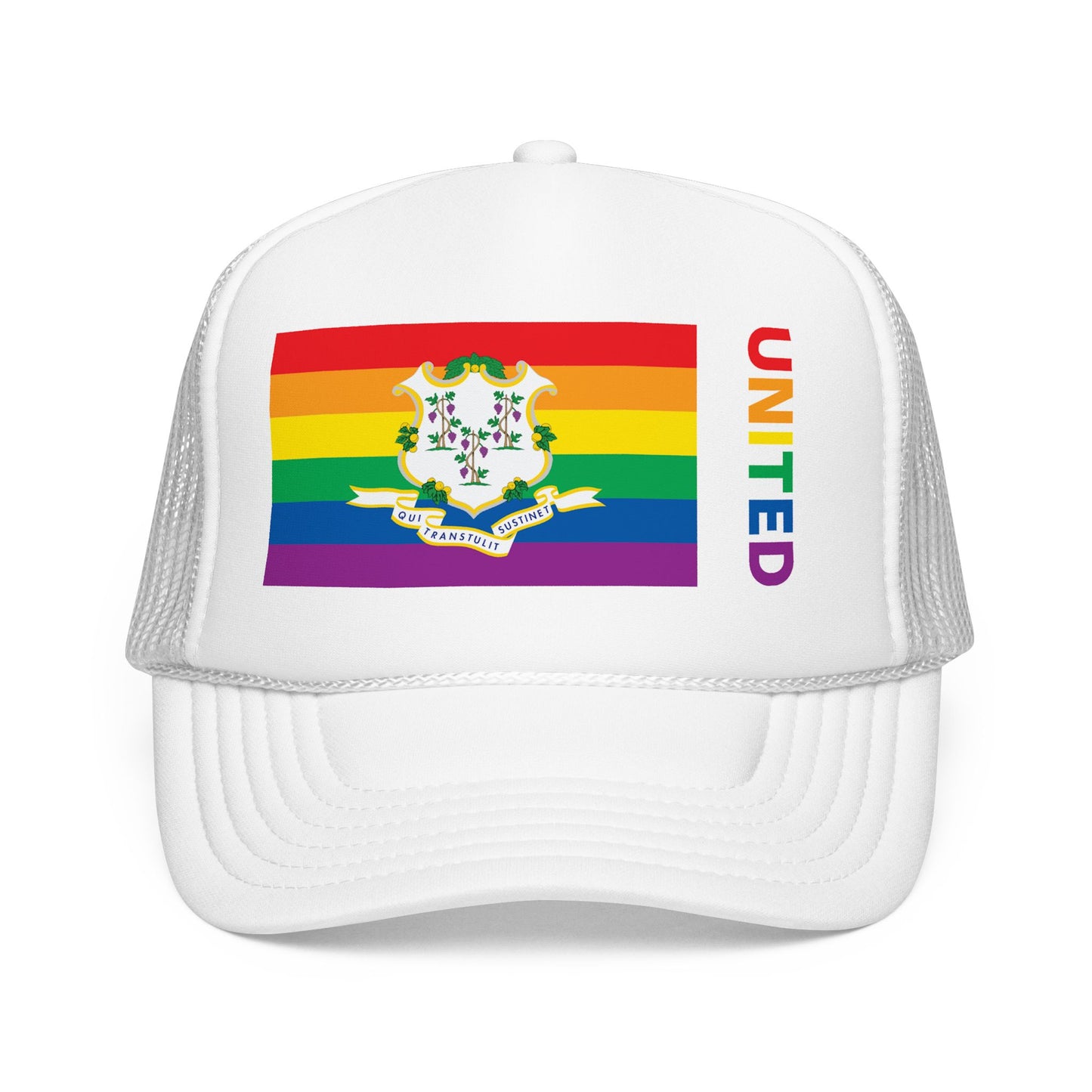 Connecticut Rainbow Pride Flag "UNITED" Printed Foam Trucker Hat, Several Color Options
