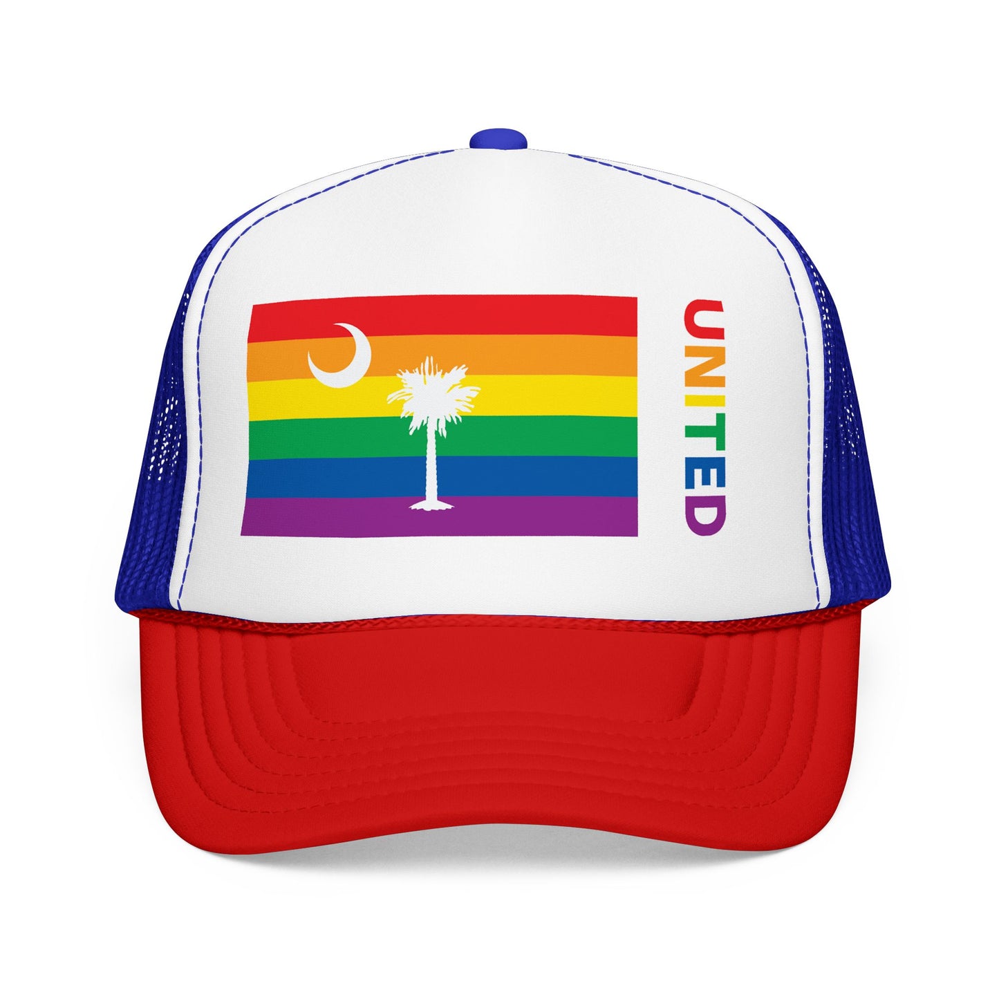 South Carolina Rainbow Pride Flag "UNITED" Printed Foam Trucker Hat, Several Color Options