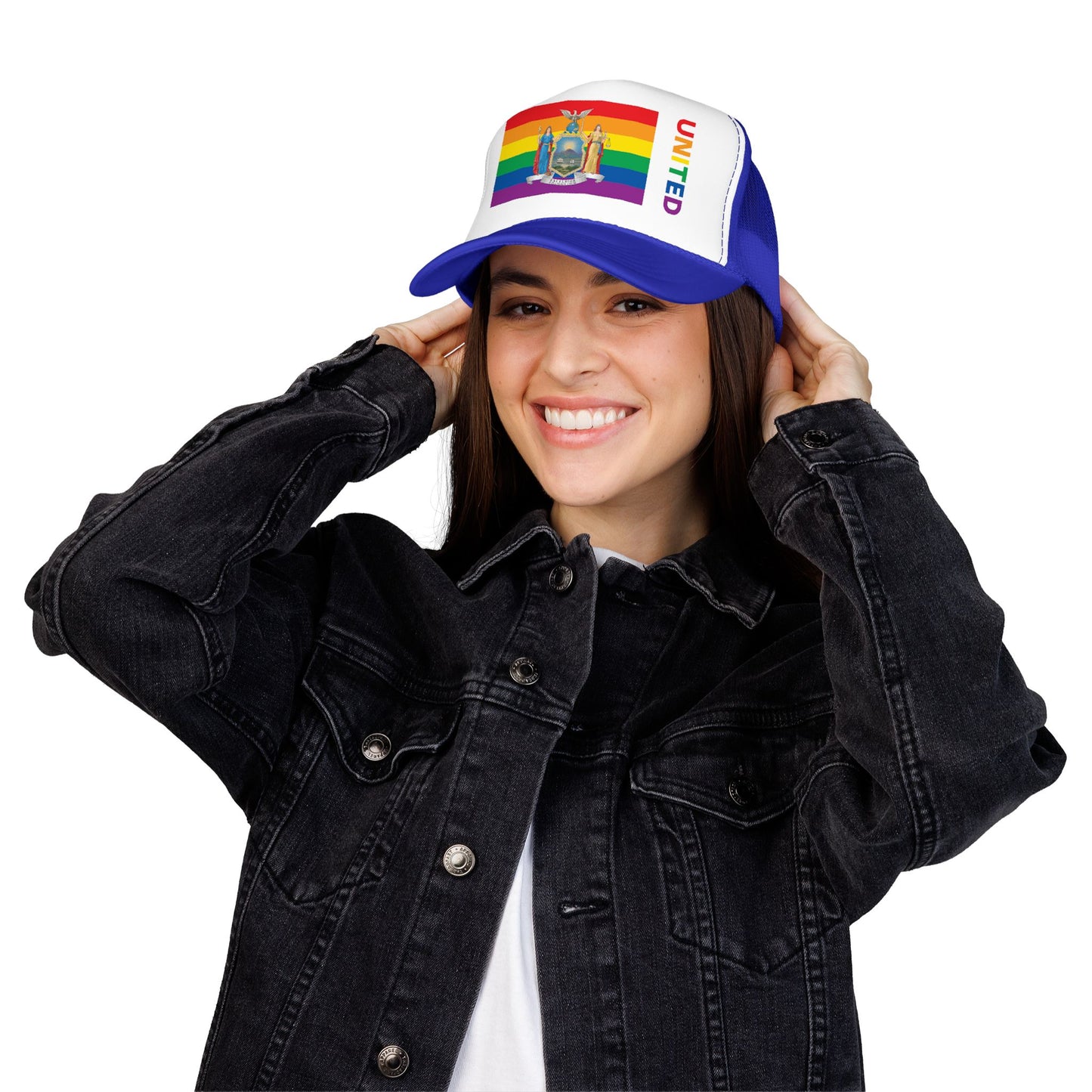 New York Rainbow Pride Flag "UNITED" Printed Foam Trucker Hat, Several Color Options