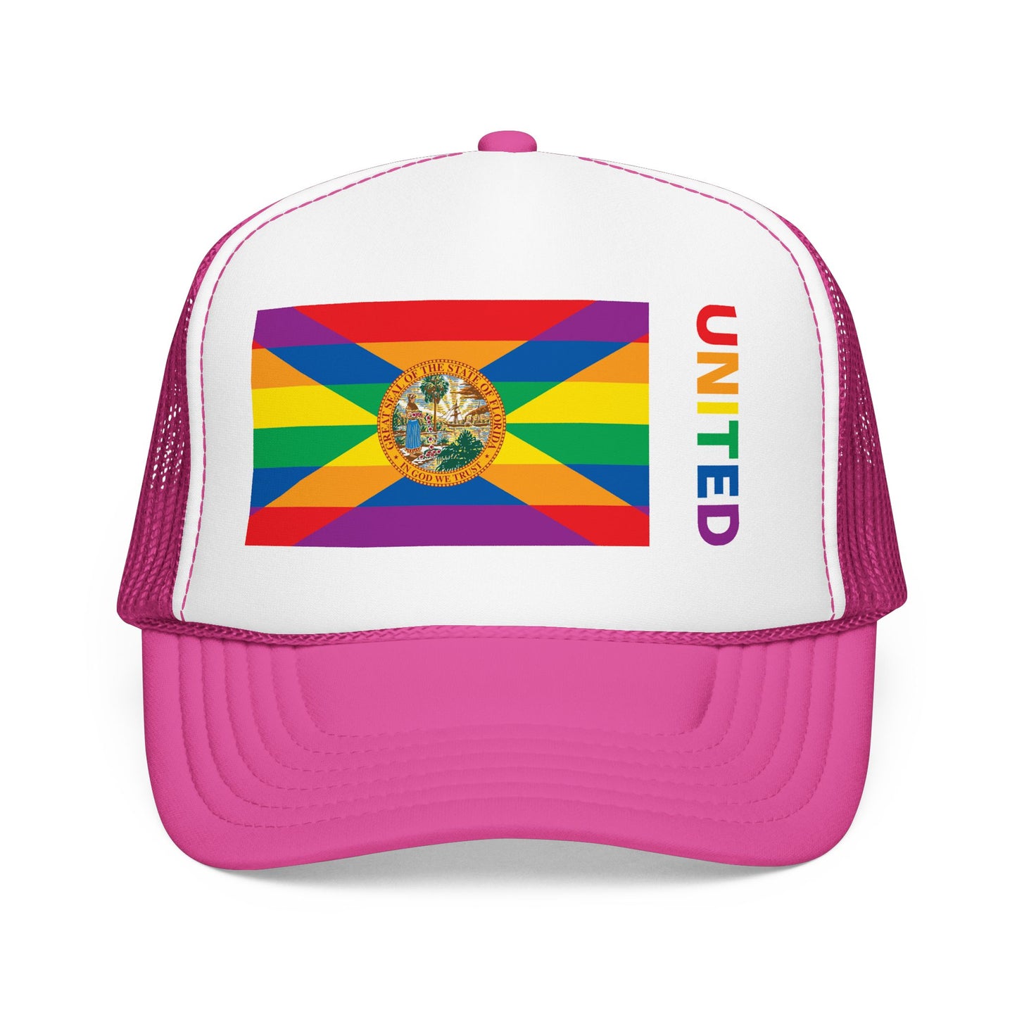 Florida Rainbow Pride Flag "UNITED" Printed Foam Trucker Hat, Several Color Options