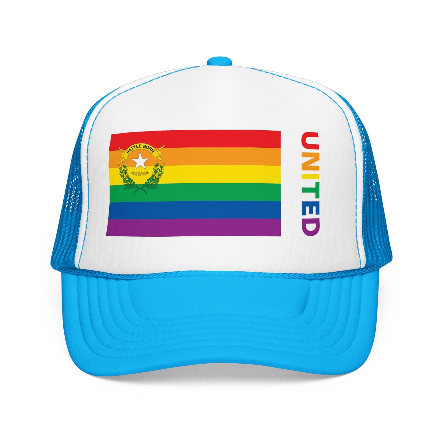 Nevada Rainbow Pride Flag "UNITED" Printed Foam Trucker Hat, Several Color Options