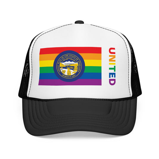 Nebraska Rainbow Pride Flag "UNITED" Printed Foam Trucker Hat, Several Color Options