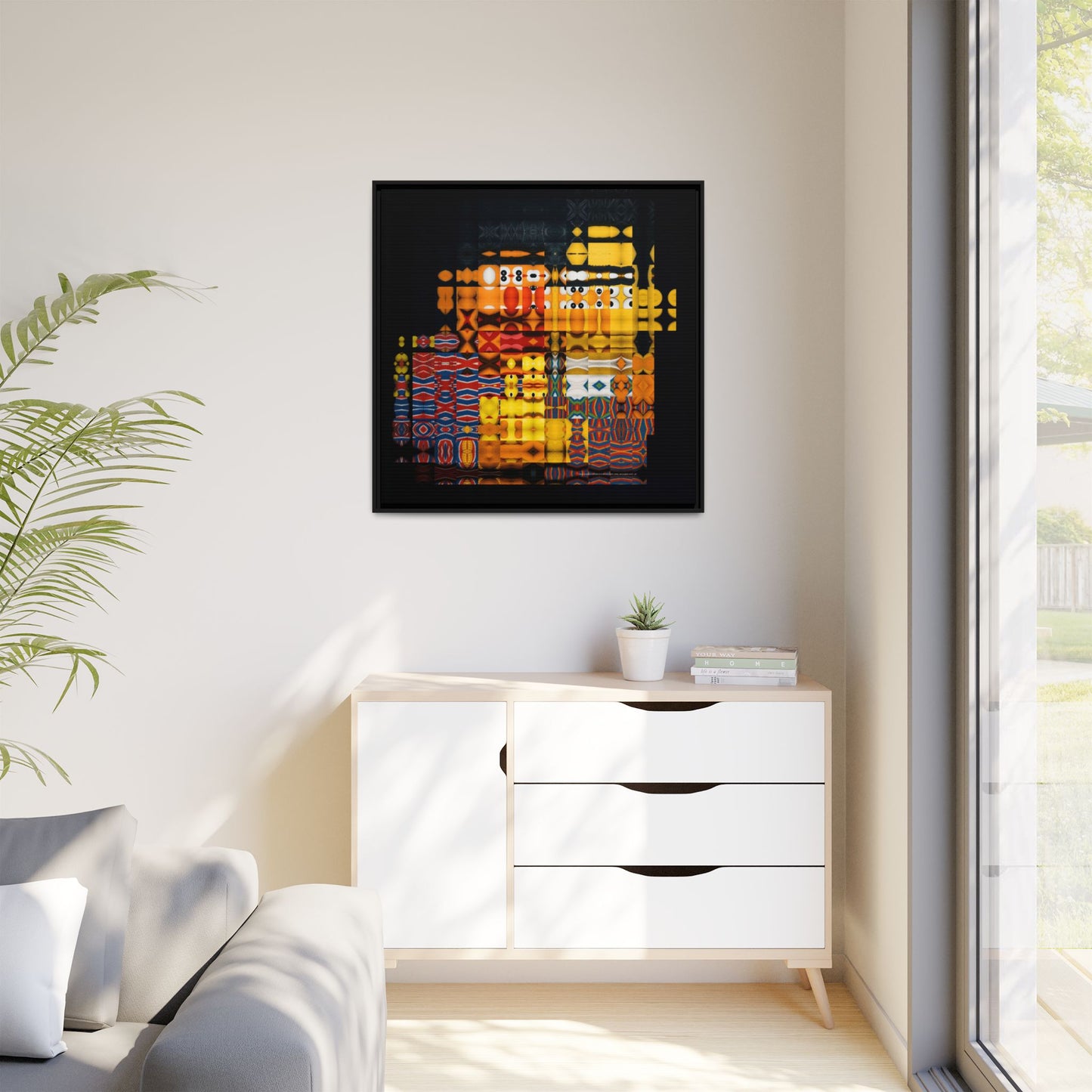 Iconic Domestic Partners in Plain Sight: Bert, Ernie, and Rubber Ducky Abstract Portrait Collage Art — Matte Canvas, Framed (Multi-color options)