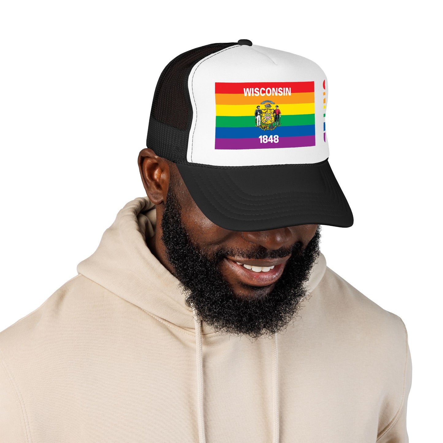 Wisconsin Rainbow Pride Flag "UNITED" Printed Foam Trucker Hat, Several Color Options