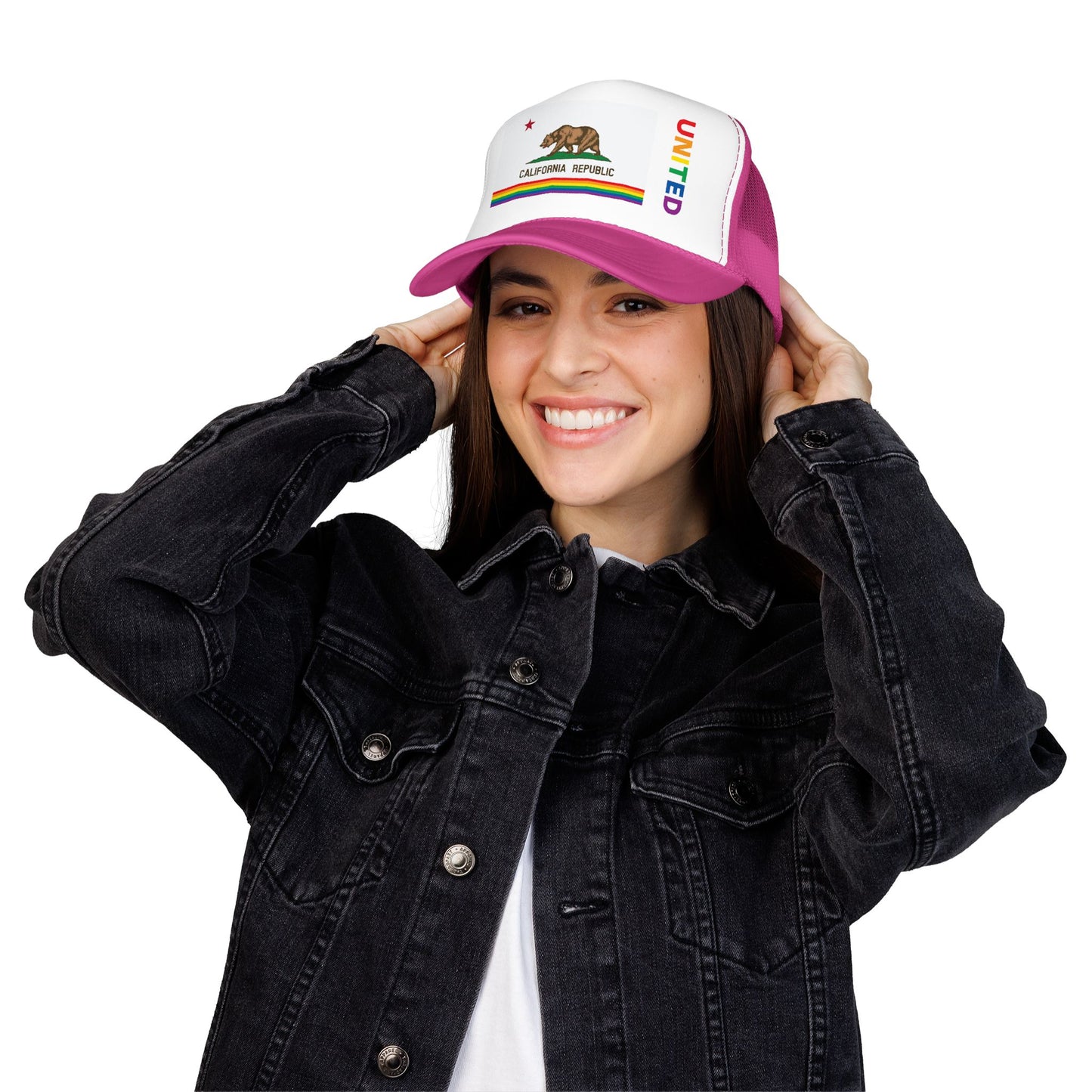 California Rainbow Pride Flag "UNITED" Printed Foam Trucker Hat, Several Color Options
