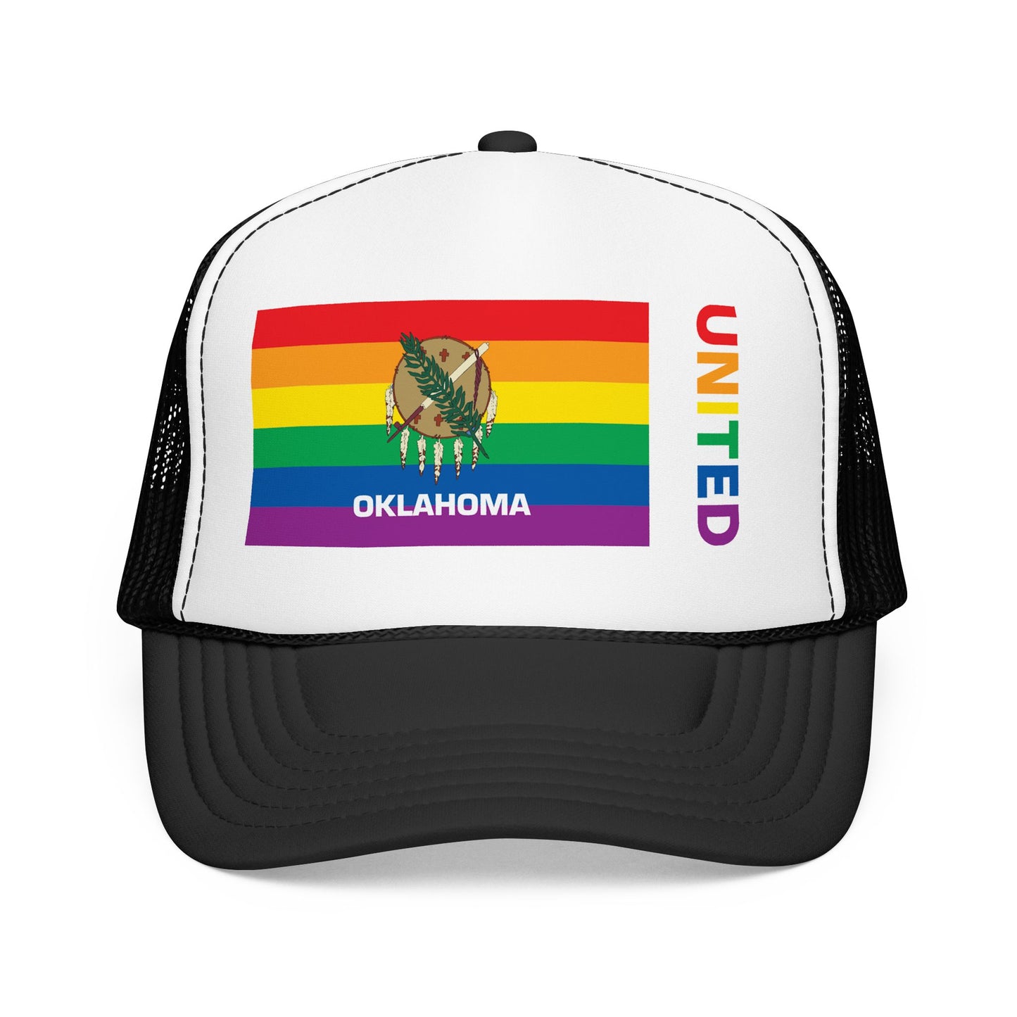 Oklahoma Rainbow Pride Flag "UNITED" Printed Foam Trucker Hat, Several Color Options