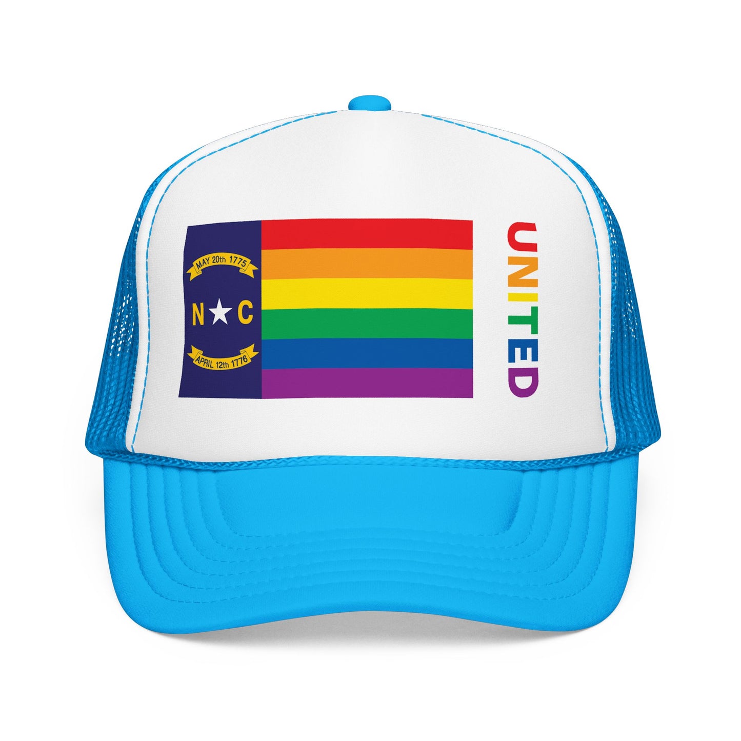 North Carolina Rainbow Pride Flag "UNITED" Printed Foam Trucker Hat, Several Color Options