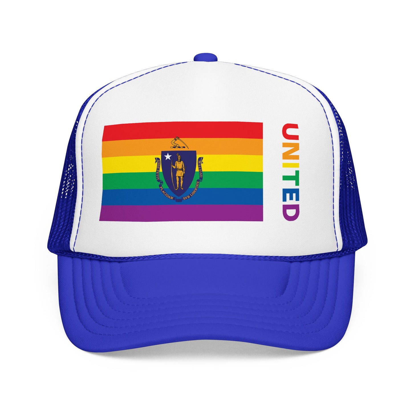 Massachusetts Rainbow Pride Flag "UNITED" Printed Foam Trucker Hat, Several Color Options