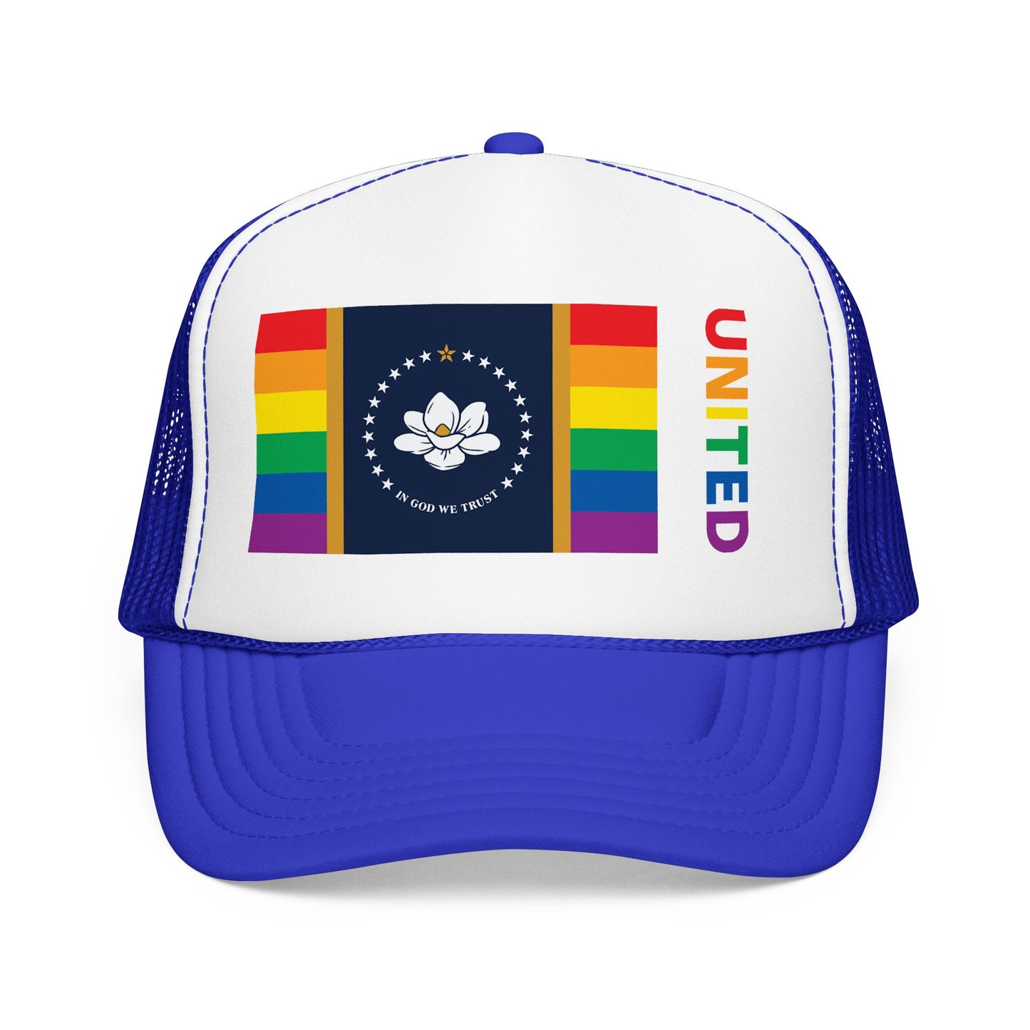 Mississippi Rainbow Pride Flag "UNITED" Printed Foam Trucker Hat, Several Color Options