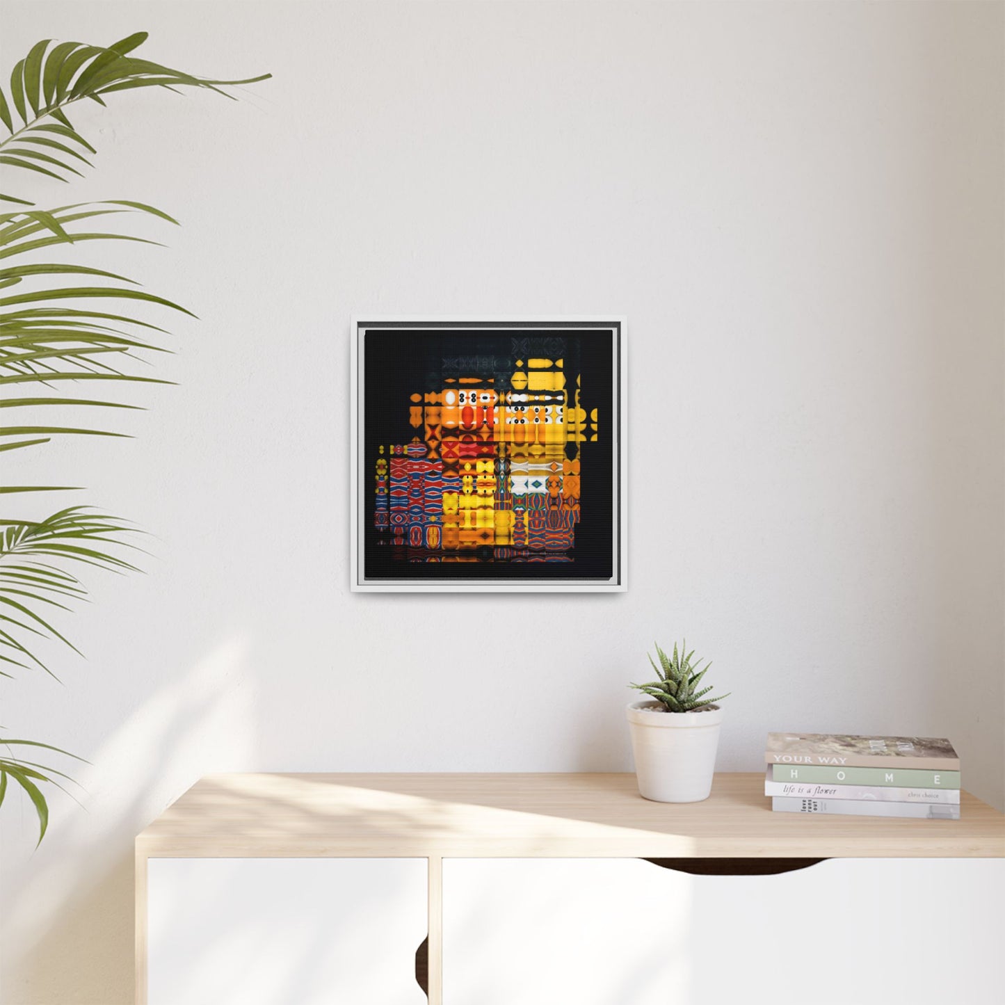 Iconic Domestic Partners in Plain Sight: Bert, Ernie, and Rubber Ducky Abstract Portrait Collage Art — Matte Canvas, Framed (Multi-color options)