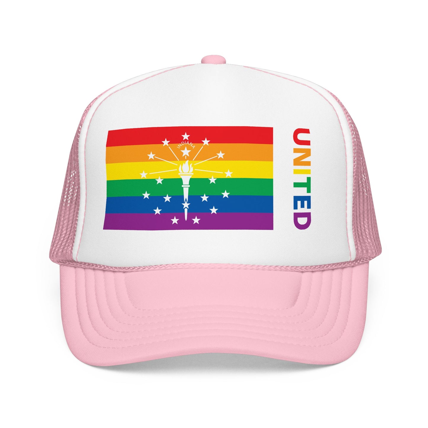 Indiana Rainbow Pride Flag "UNITED" Printed Foam Trucker Hat, Several Color Options
