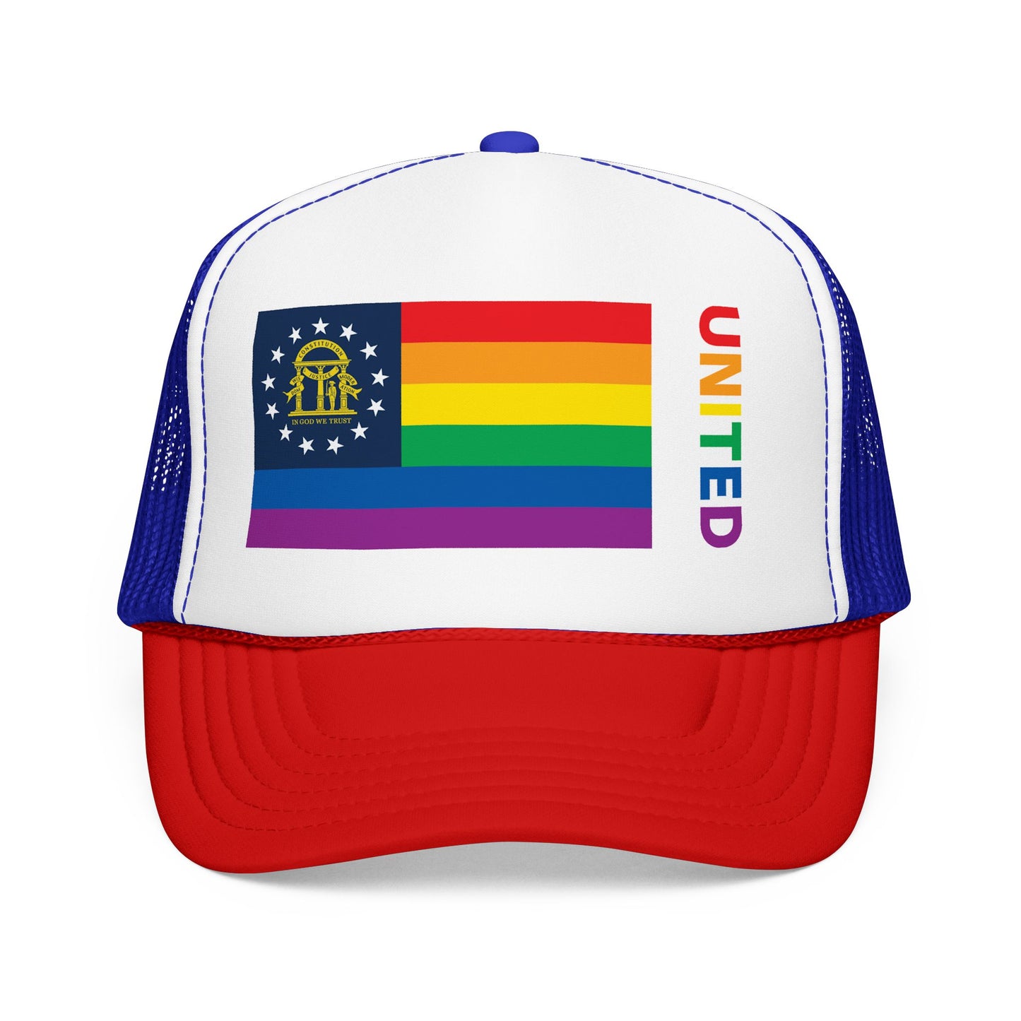 Georgia Rainbow Pride Flag "UNITED" Printed Foam Trucker Hat, Several Color Options