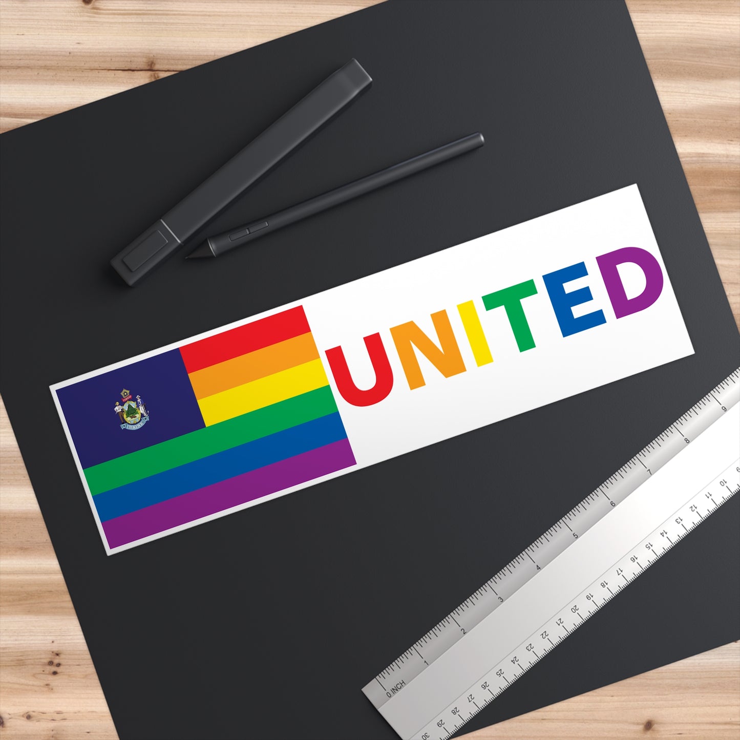 Maine Rainbow Pride Flag "UNITED" Bumper Sticker