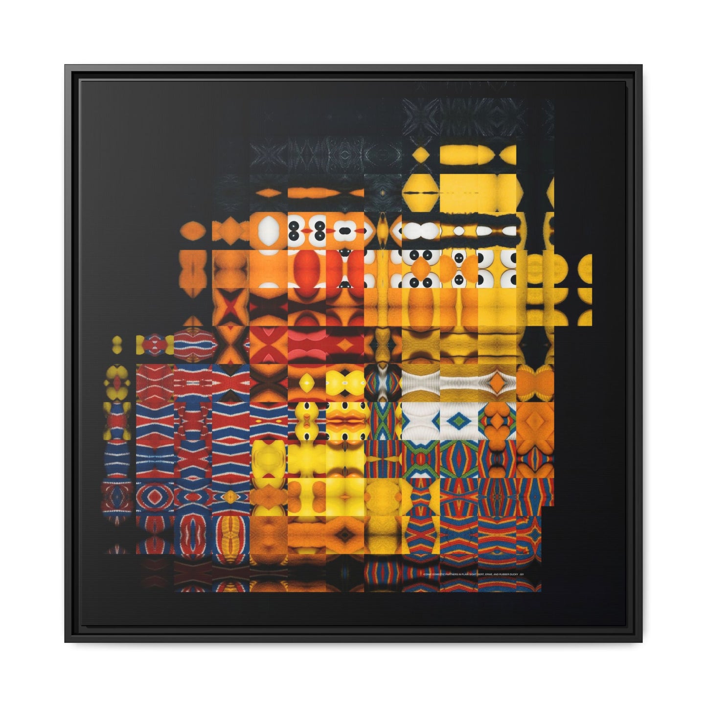 Iconic Domestic Partners in Plain Sight: Bert, Ernie, and Rubber Ducky Abstract Portrait Collage Art — Matte Canvas, Framed (Multi-color options)