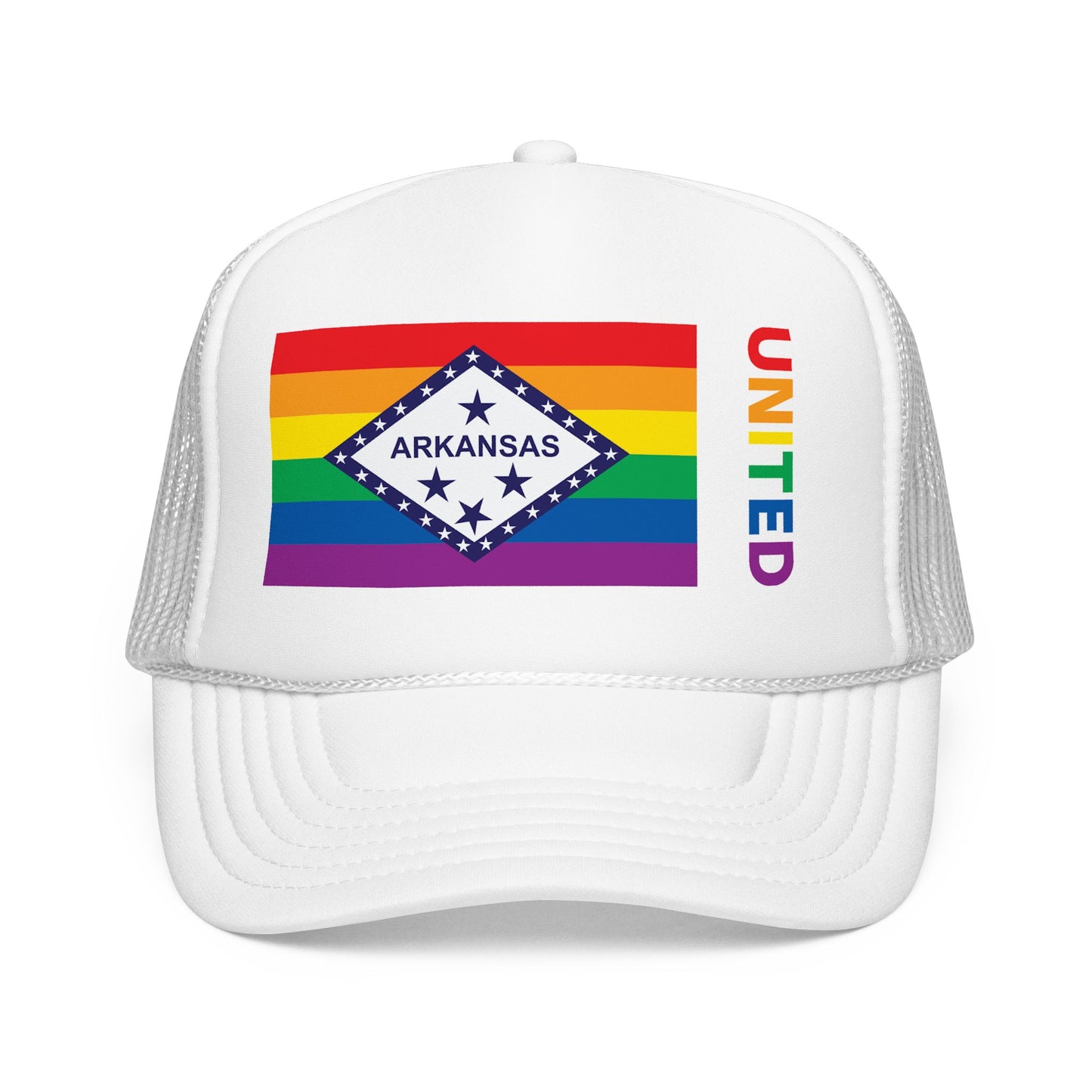 Arkansas Rainbow Pride Flag "UNITED" Printed Foam Trucker Hat, Several Color Options
