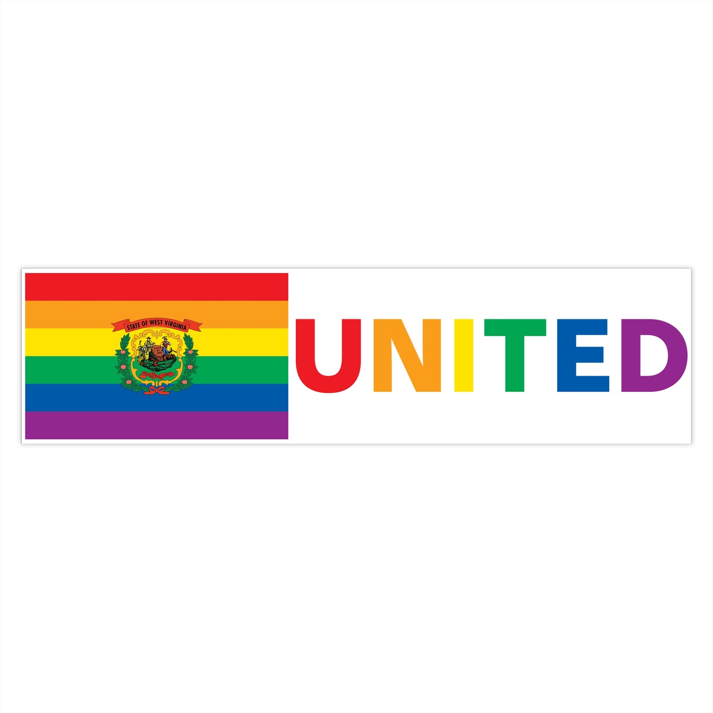 West Virginia Rainbow Pride Flag "UNITED" Bumper Sticker