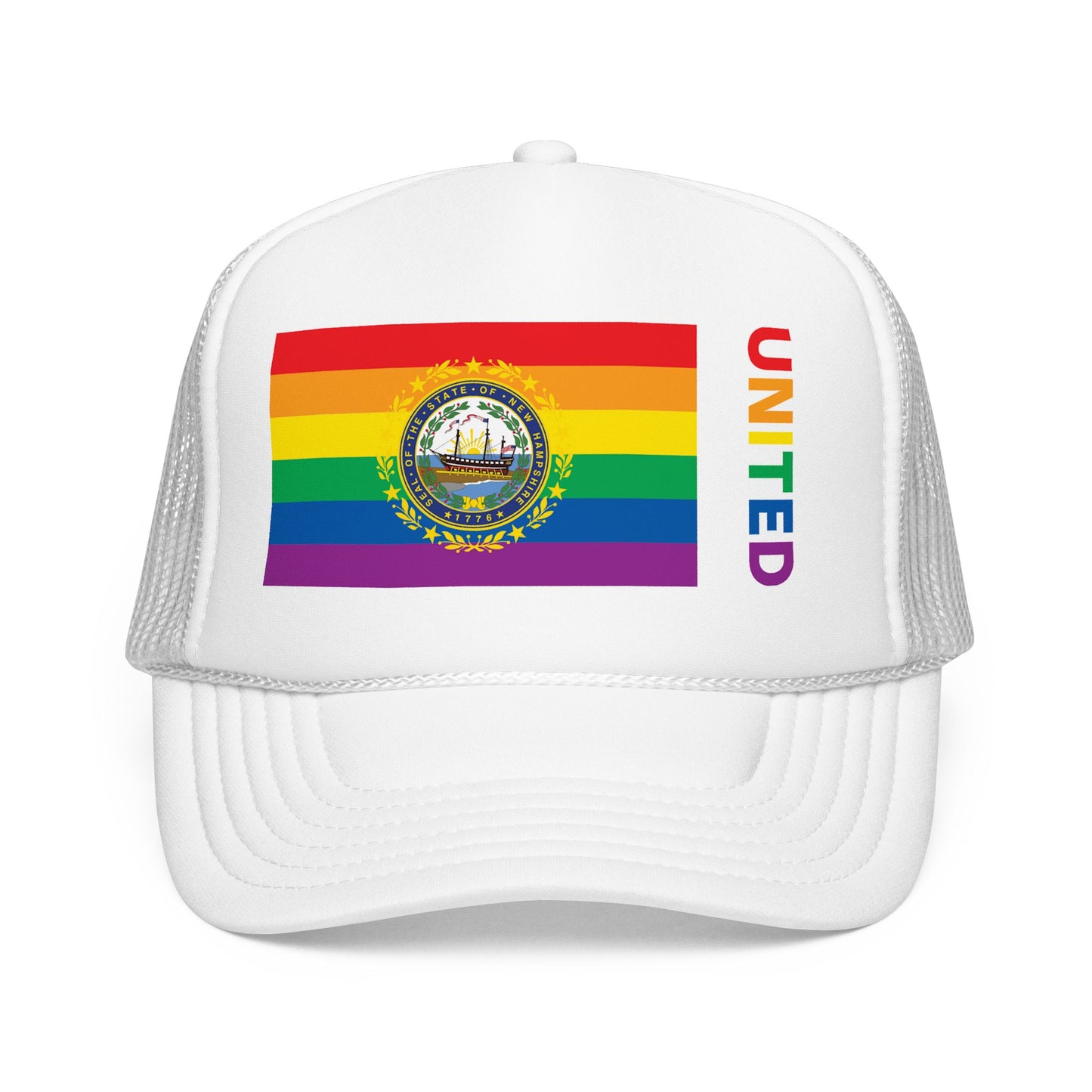 New Hampshire Rainbow Pride Flag "UNITED" Printed Foam Trucker Hat, Several Color Options