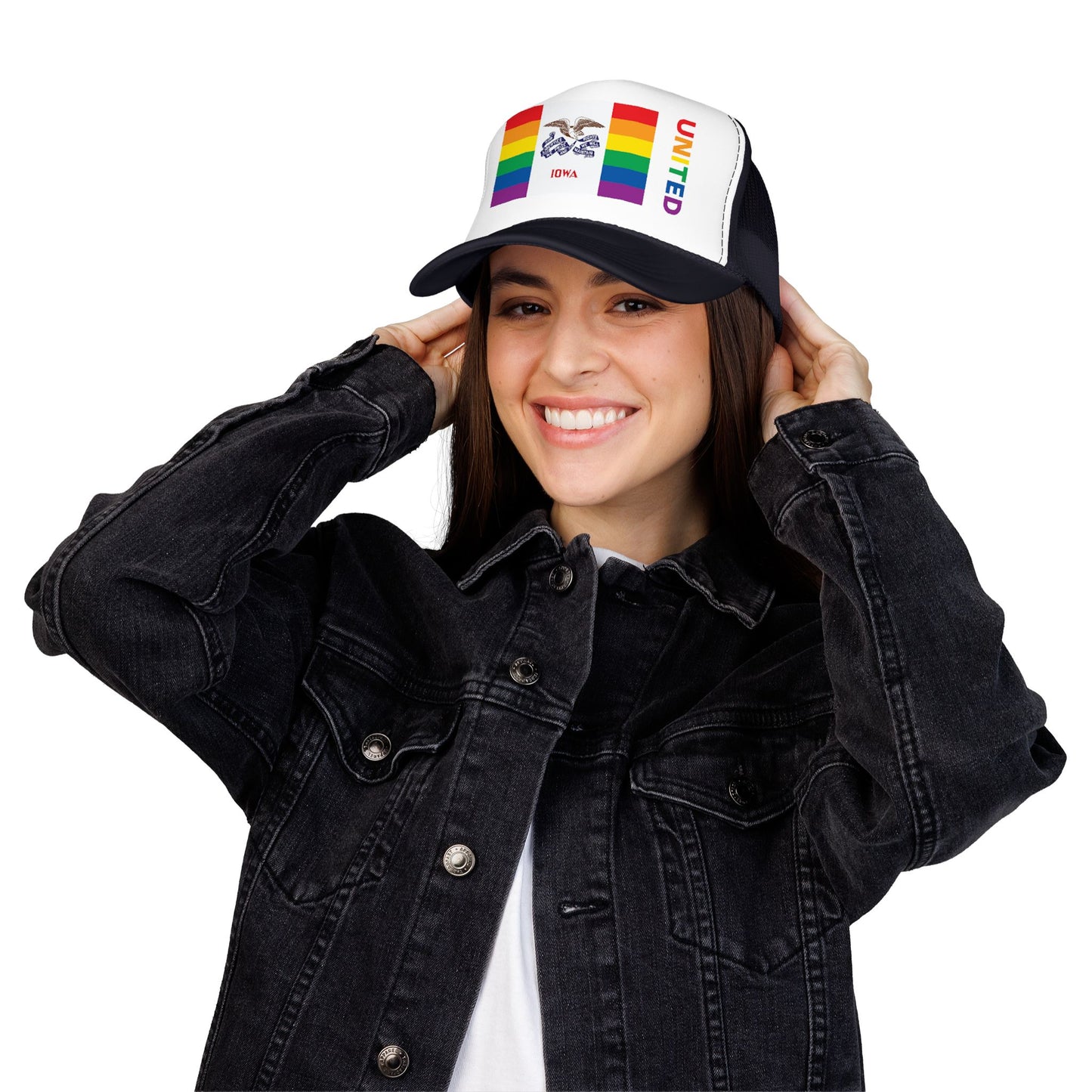 Iowa Rainbow Pride Flag "UNITED" Printed Foam Trucker Hat, Several Color Options