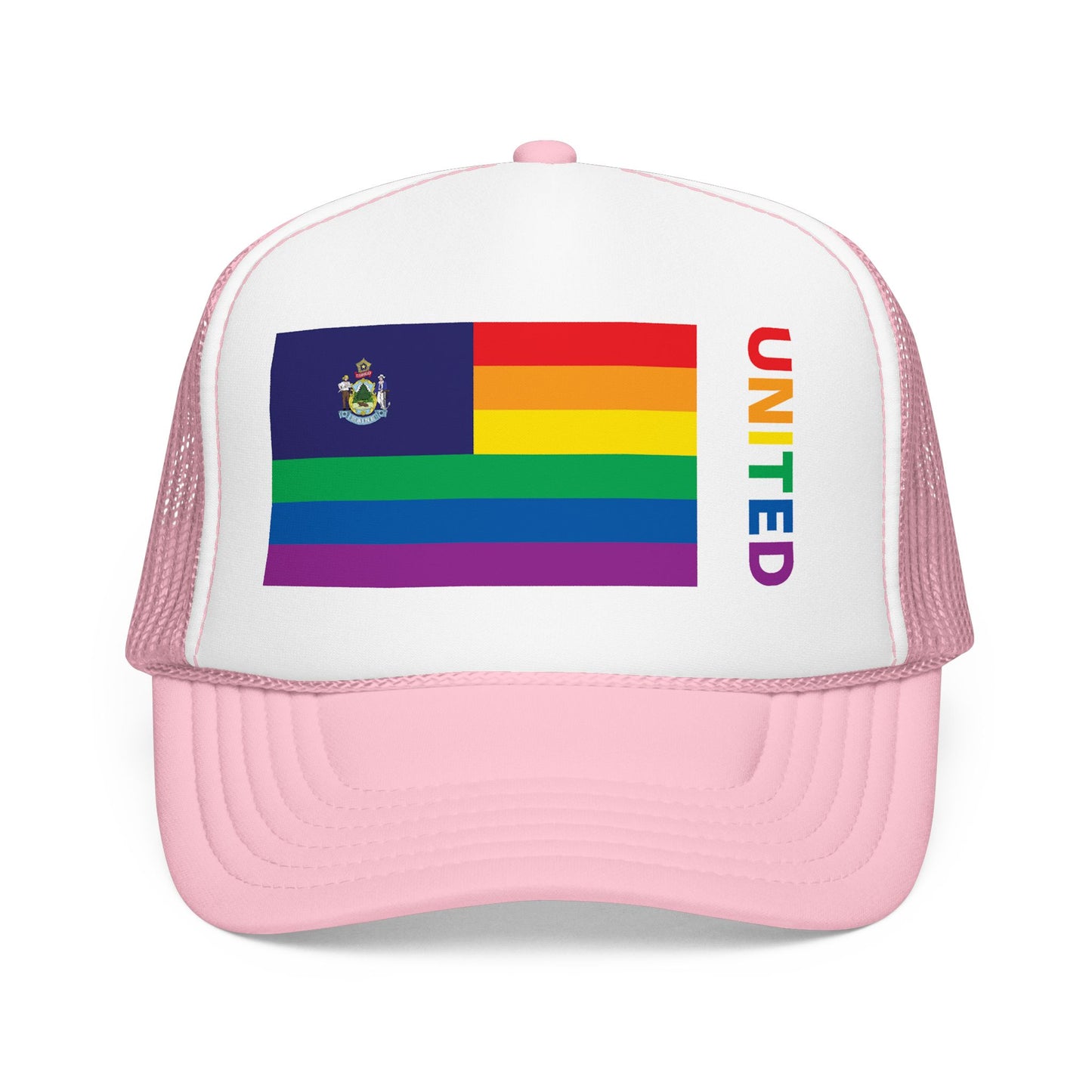 Maine Rainbow Pride Flag "UNITED" Printed Foam Trucker Hat, Several Color Options