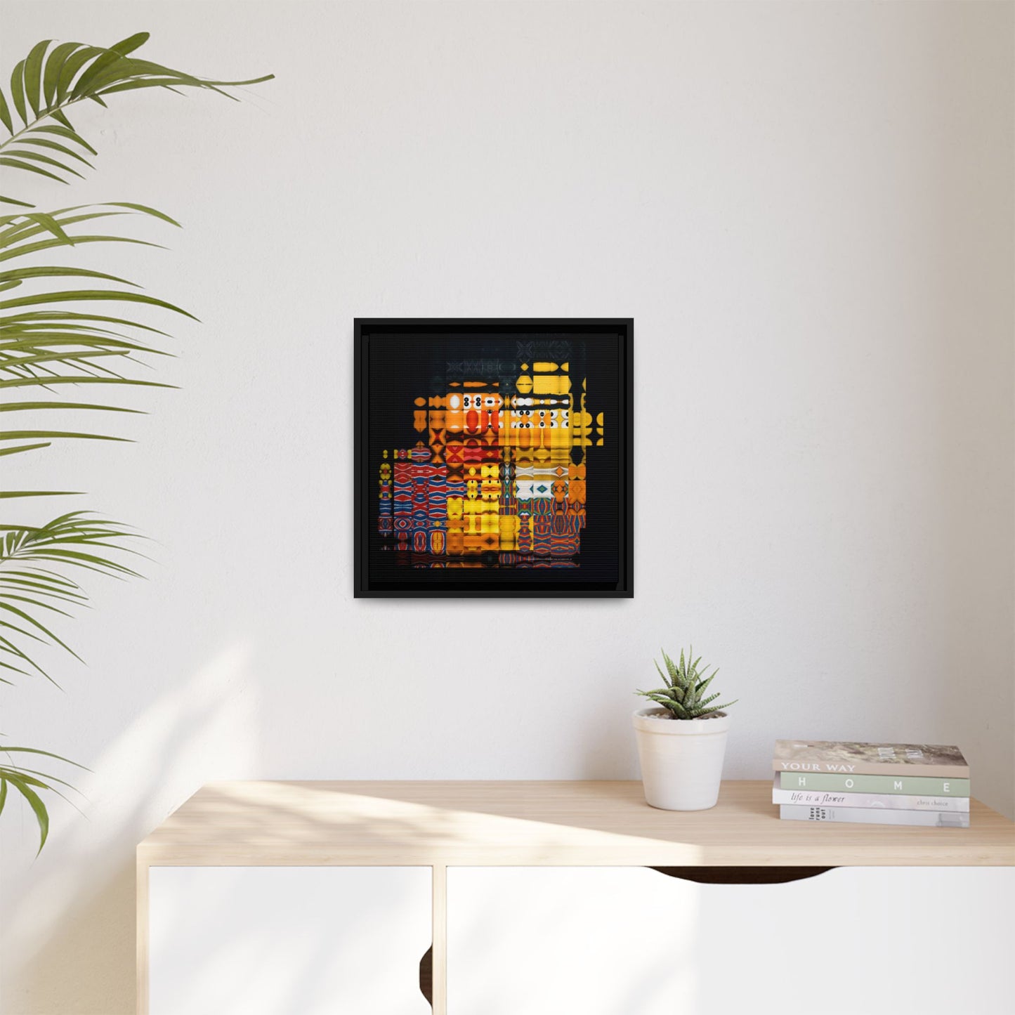 Iconic Domestic Partners in Plain Sight: Bert, Ernie, and Rubber Ducky Abstract Portrait Collage Art — Matte Canvas, Framed (Multi-color options)