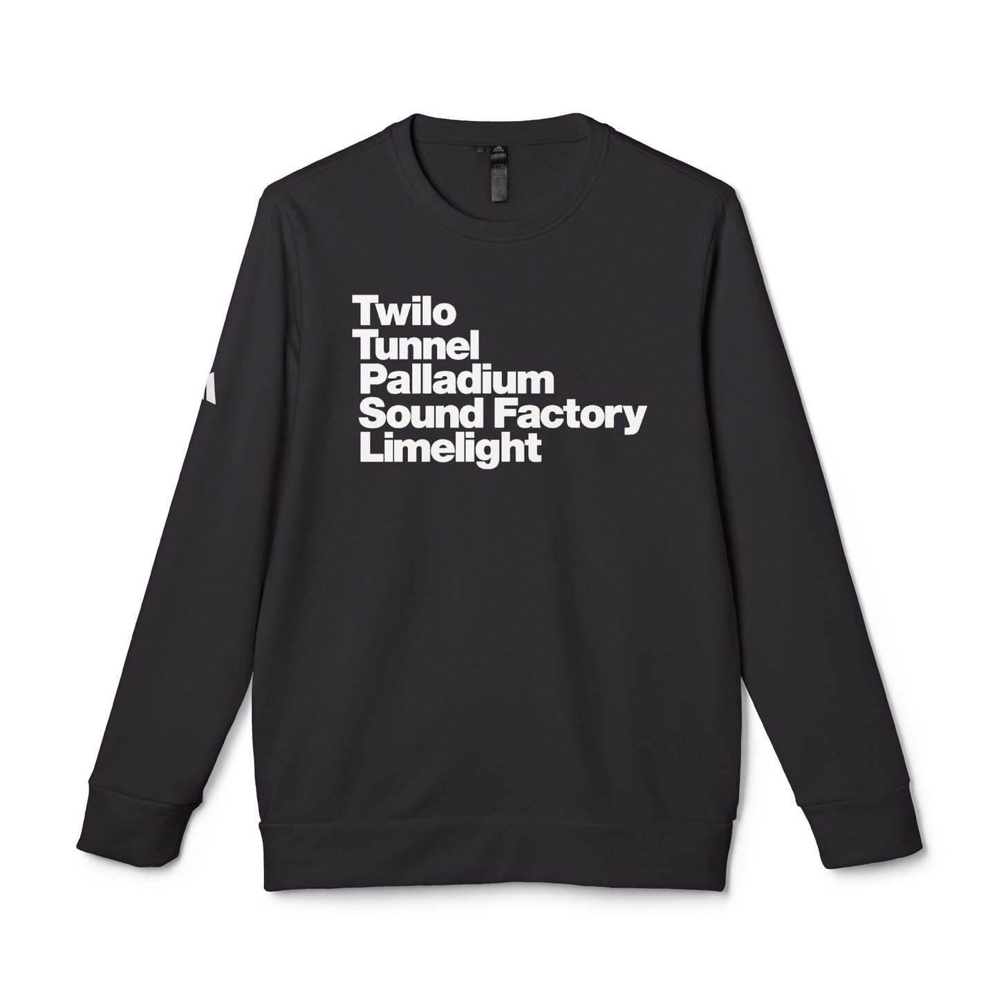 Twilo Tunnel Limelight Palladium Sound Factory Adidas Fleece Crewneck Sweatshirt - NYC 90s Nightlife Collection - White Deco on Black