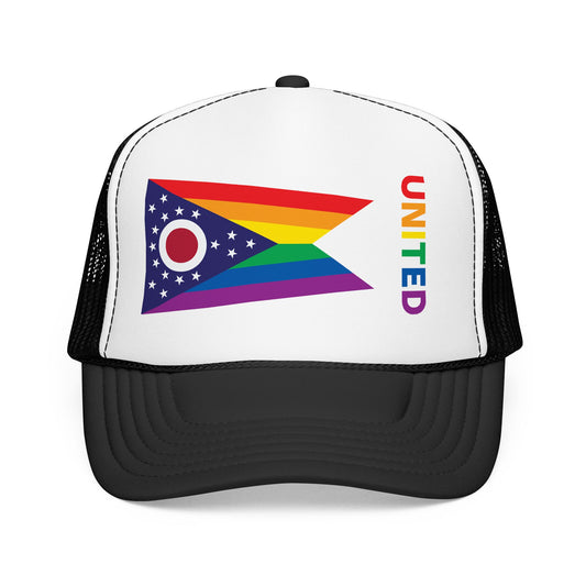 Ohio Rainbow Pride Flag "UNITED" Printed Foam Trucker Hat, Several Color Options