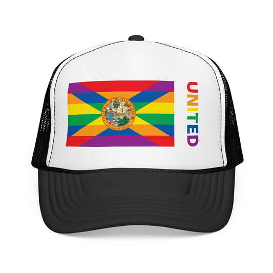 Florida Rainbow Pride Flag "UNITED" Printed Foam Trucker Hat, Several Color Options