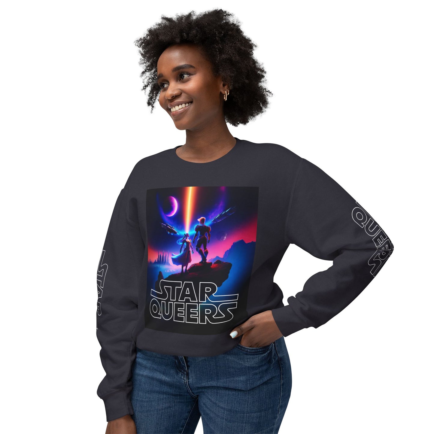 STAR QUEERS Graphic Universal Lightweight Crewneck Sweatshirt - Black and Neon Violet