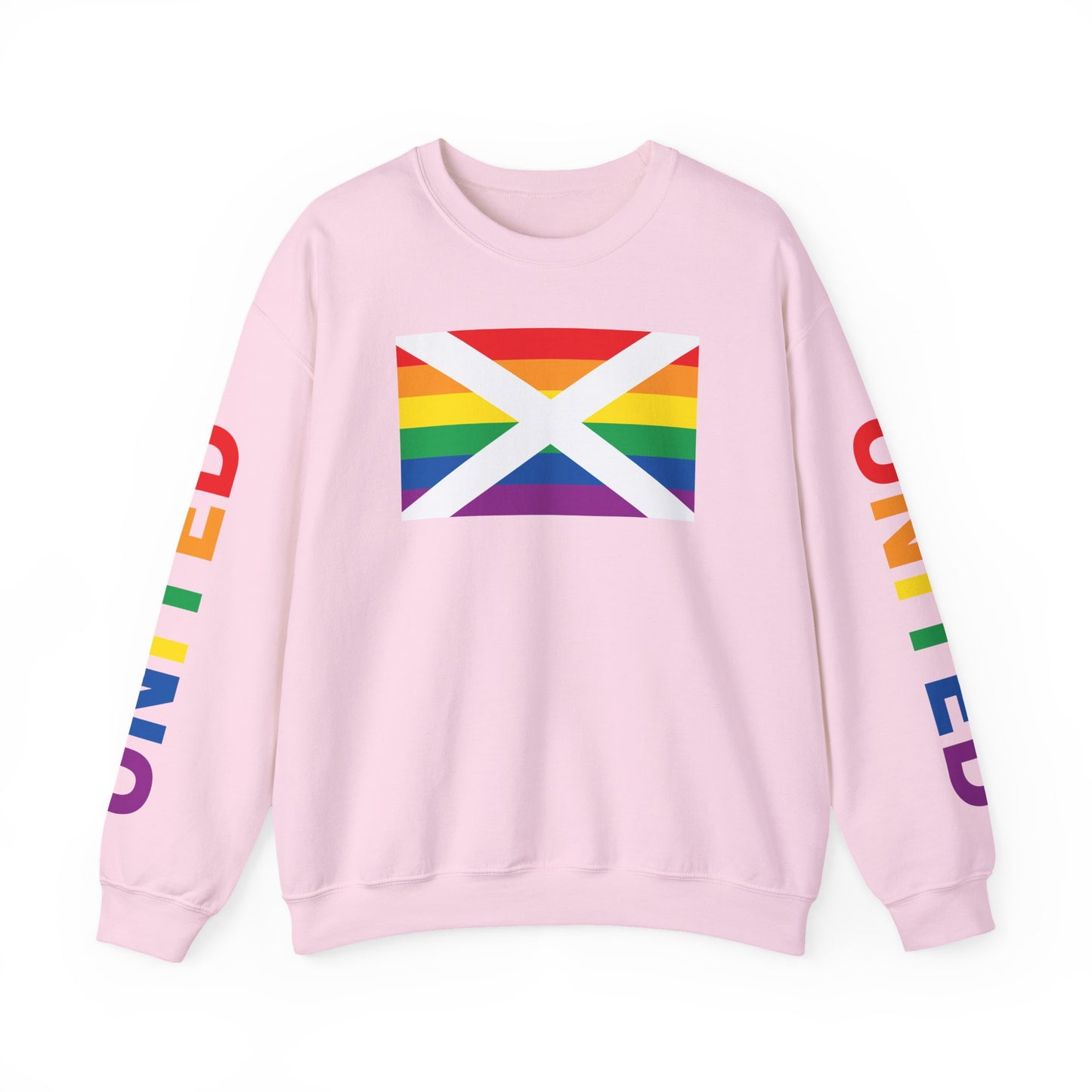 Alabama Rainbow Pride Flag, "UNITED" Rainbow Printed Sleeve Design, Unisex Crewneck Sweatshirt