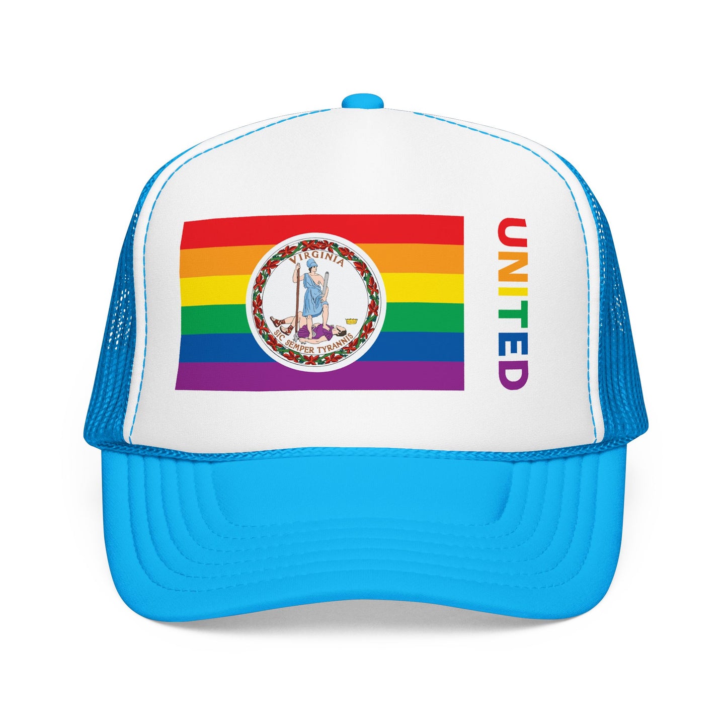 Virginia Rainbow Pride Flag "UNITED" Printed Foam Trucker Hat, Several Color Options