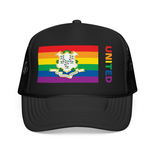 Connecticut Rainbow Pride Flag "UNITED" Printed Foam Trucker Hat, Several Color Options