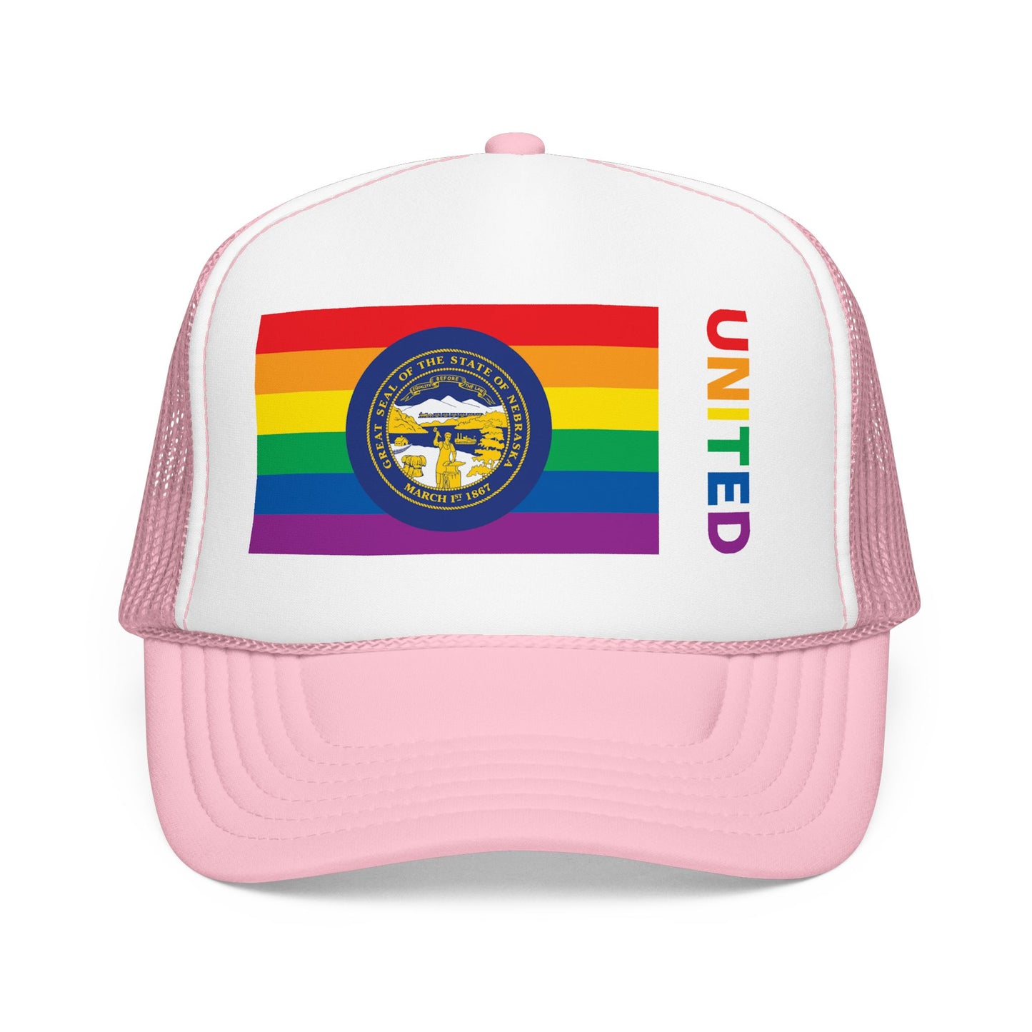 Nebraska Rainbow Pride Flag "UNITED" Printed Foam Trucker Hat, Several Color Options