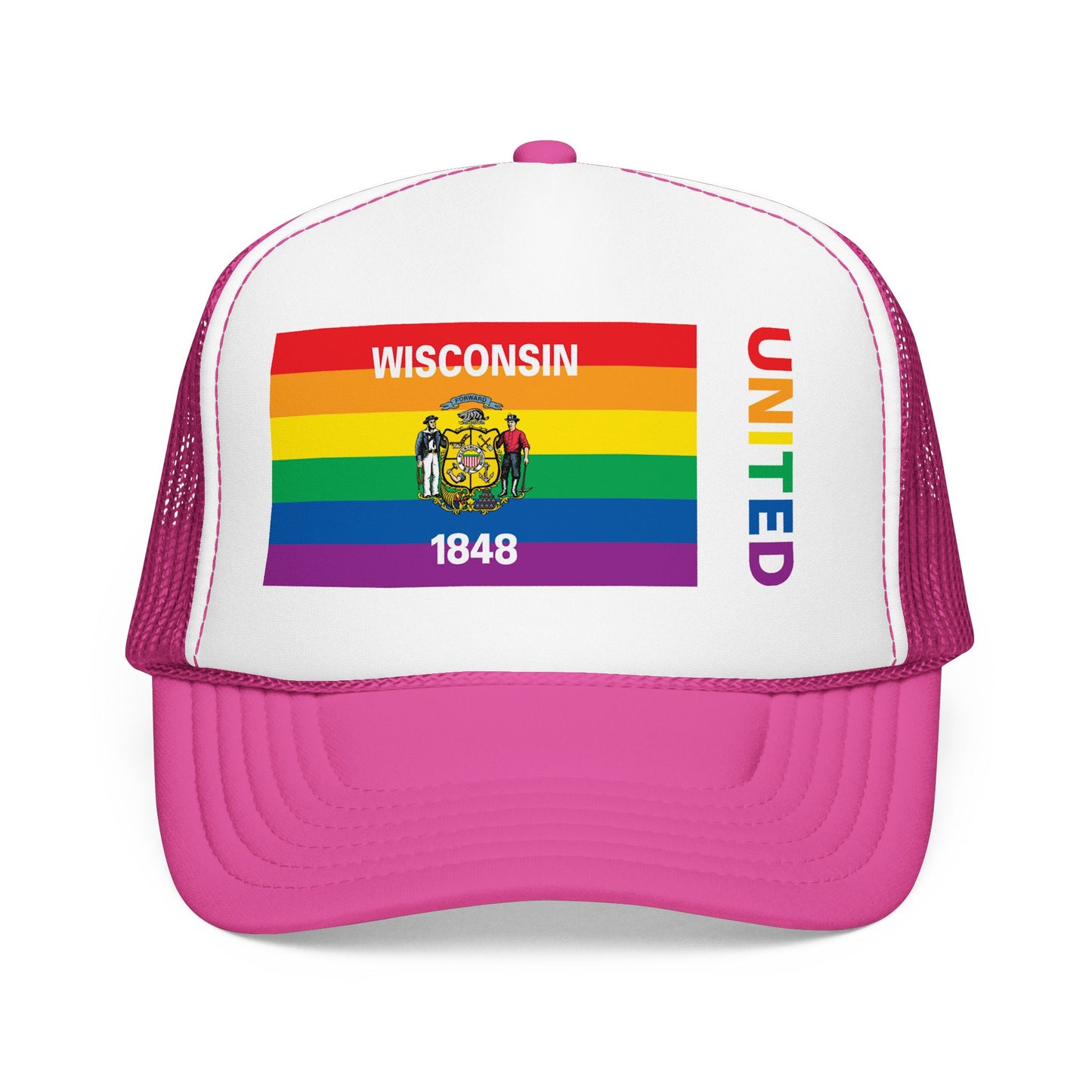 Wisconsin Rainbow Pride Flag "UNITED" Printed Foam Trucker Hat, Several Color Options