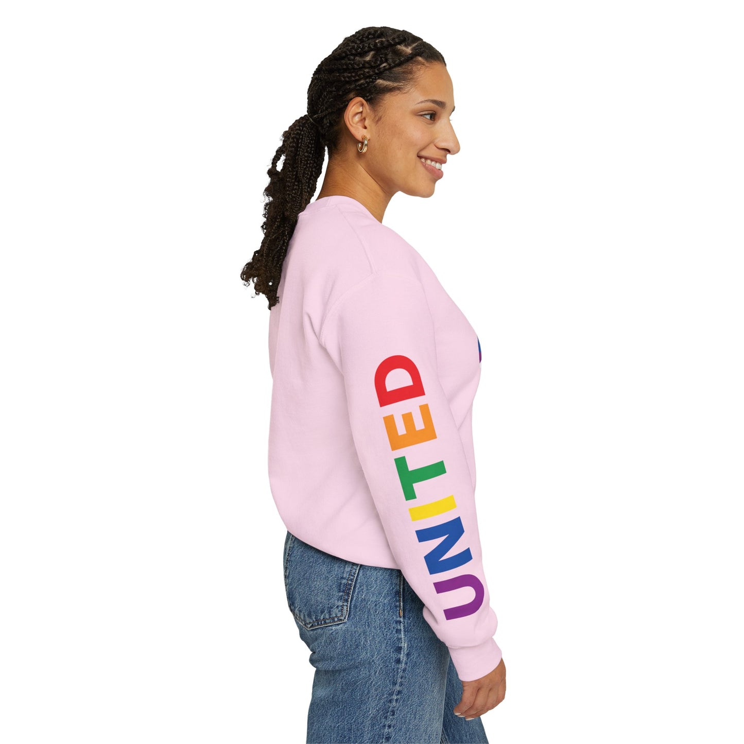 Alabama Rainbow Pride Flag, "UNITED" Rainbow Printed Sleeve Design, Unisex Crewneck Sweatshirt