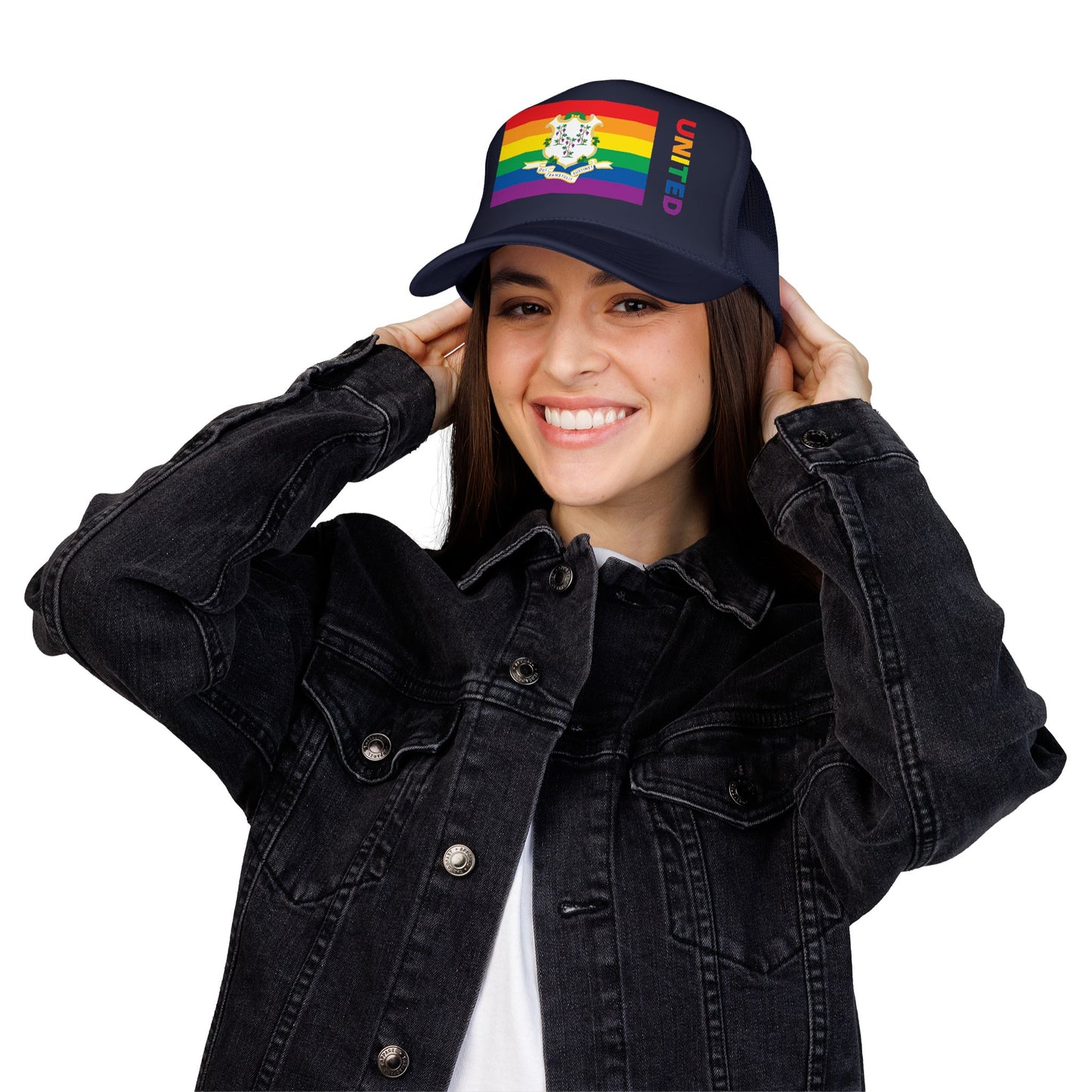 Connecticut Rainbow Pride Flag "UNITED" Printed Foam Trucker Hat, Several Color Options