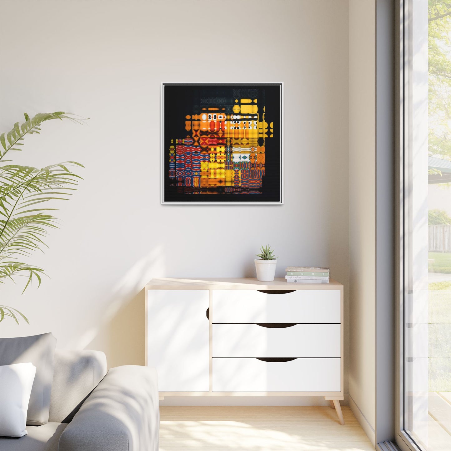 Iconic Domestic Partners in Plain Sight: Bert, Ernie, and Rubber Ducky Abstract Portrait Collage Art — Matte Canvas, Framed (Multi-color options)