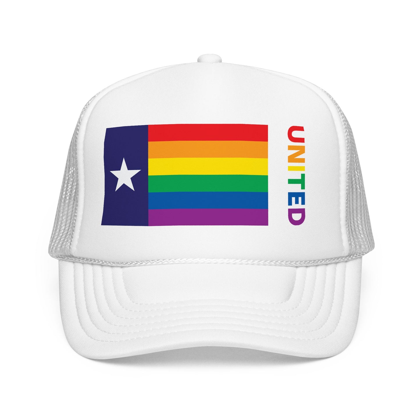 Texas Rainbow Pride Flag "UNITED" Printed Foam Trucker Hat, Several Color Options