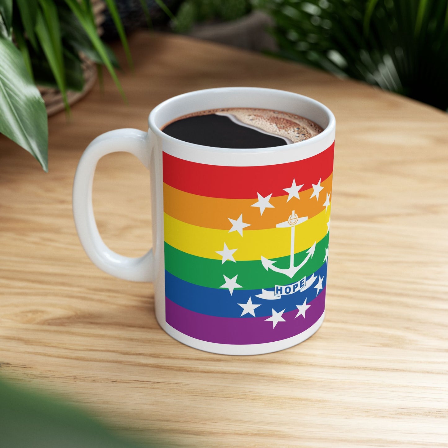 Rhode Island Rainbow Pride Flag "UNITED" Ceramic Mug