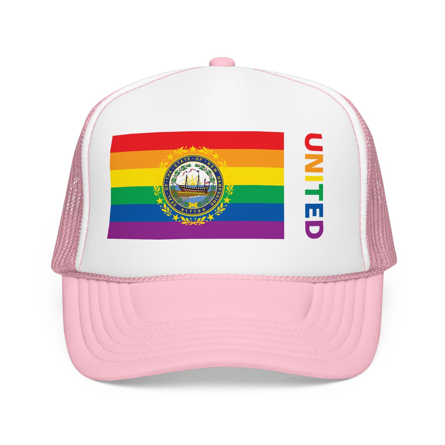 New Hampshire Rainbow Pride Flag "UNITED" Printed Foam Trucker Hat, Several Color Options