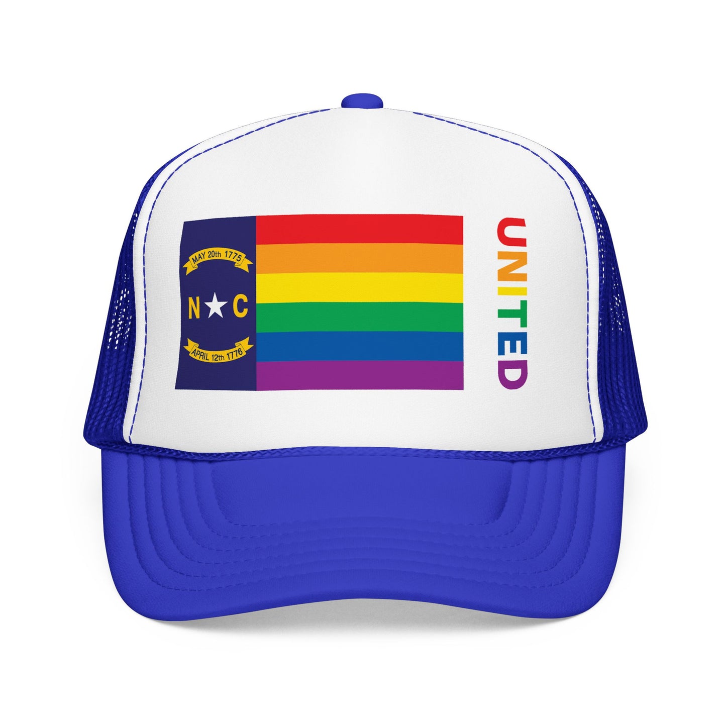 North Carolina Rainbow Pride Flag "UNITED" Printed Foam Trucker Hat, Several Color Options